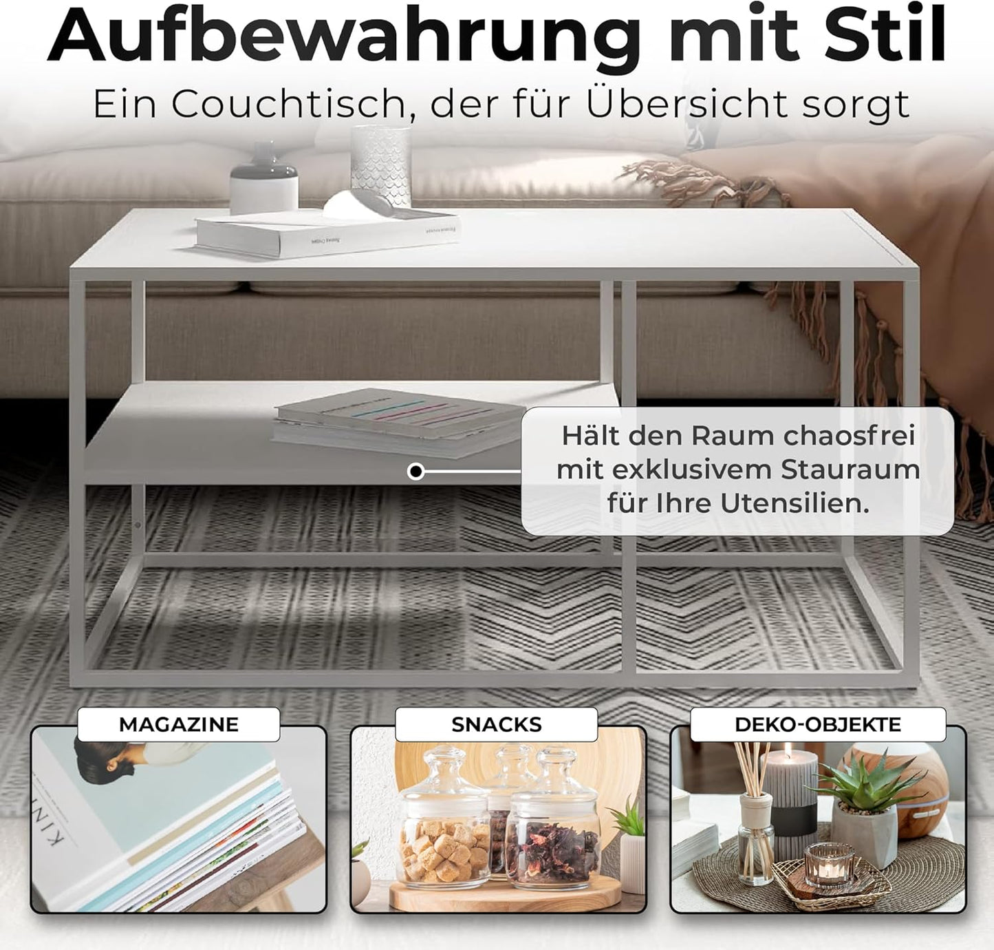 Rechteckiger Couchtisch mit Stauraum, Weiß 90 x 60 x 45 cm