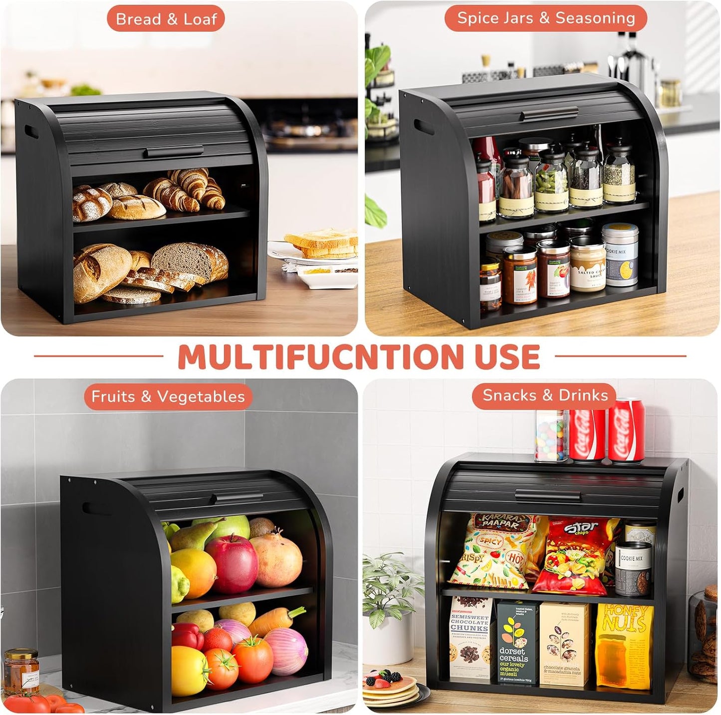 Bambus Brotkasten mit Roll-Top, Schwarz