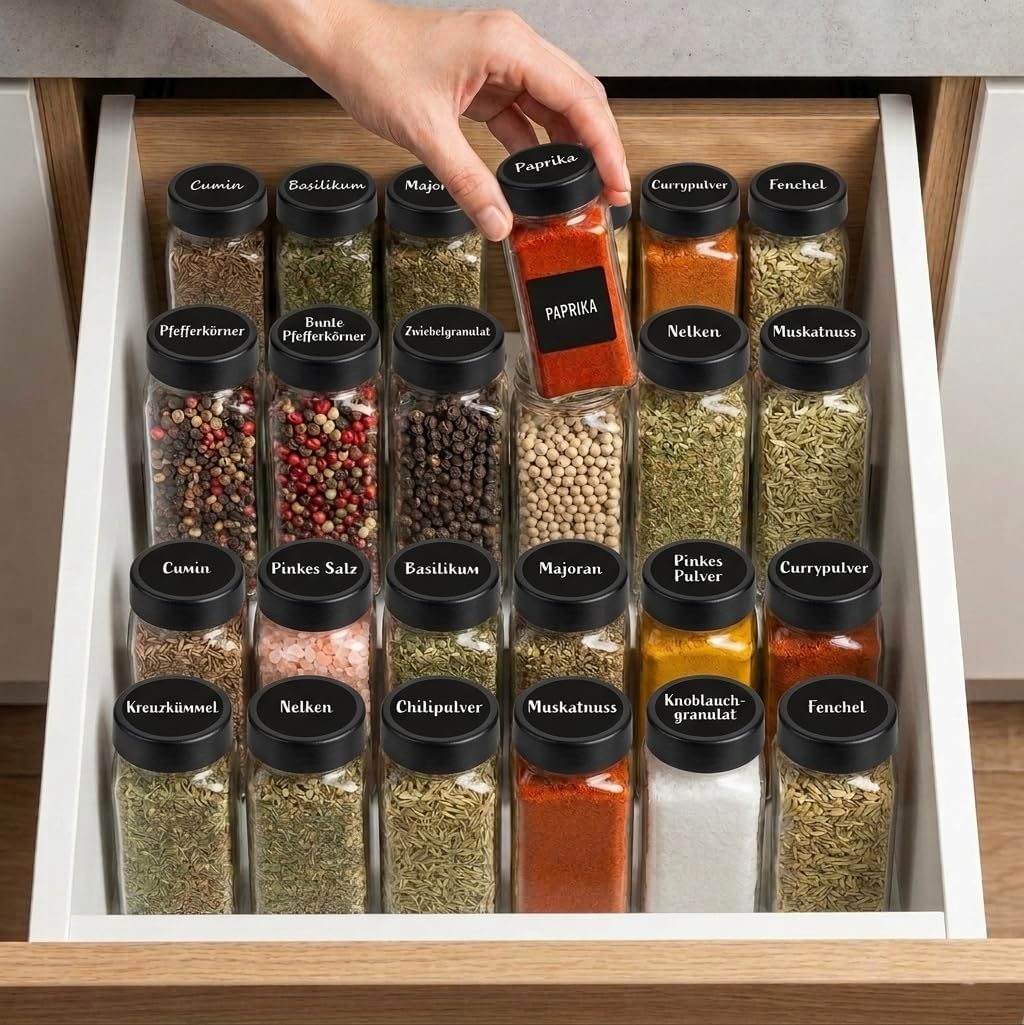Gewürzgläser-Set mit Etiketten, 25 Stück, Schwarz Lid