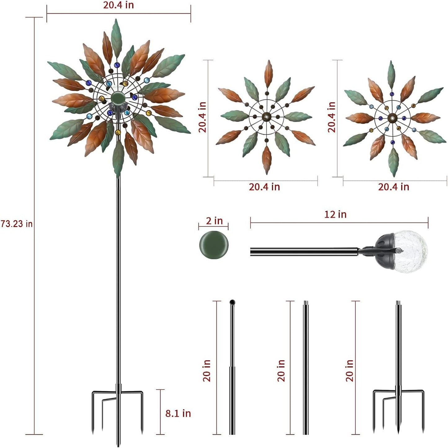 Solarbetriebener Garten-Windspinner mit Beleuchtung, Durchmesser 20,4 Zoll