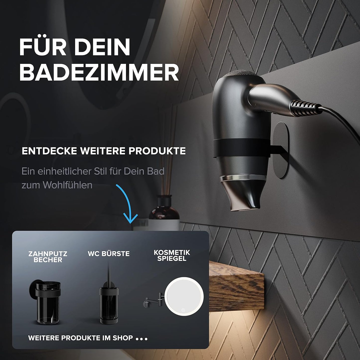 Haartrocknerhalter zur Wandmontage ohne Bohren, Schwarz Zum Kleben