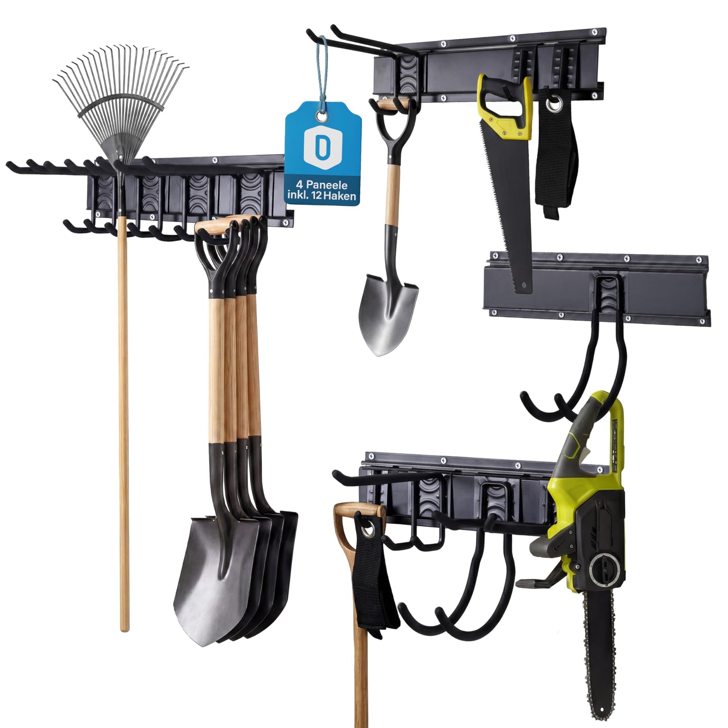 Werkzeug-Wandhalterung mit 12 Haken & 4 Schienen, 4 Paneele, 12 Haken
