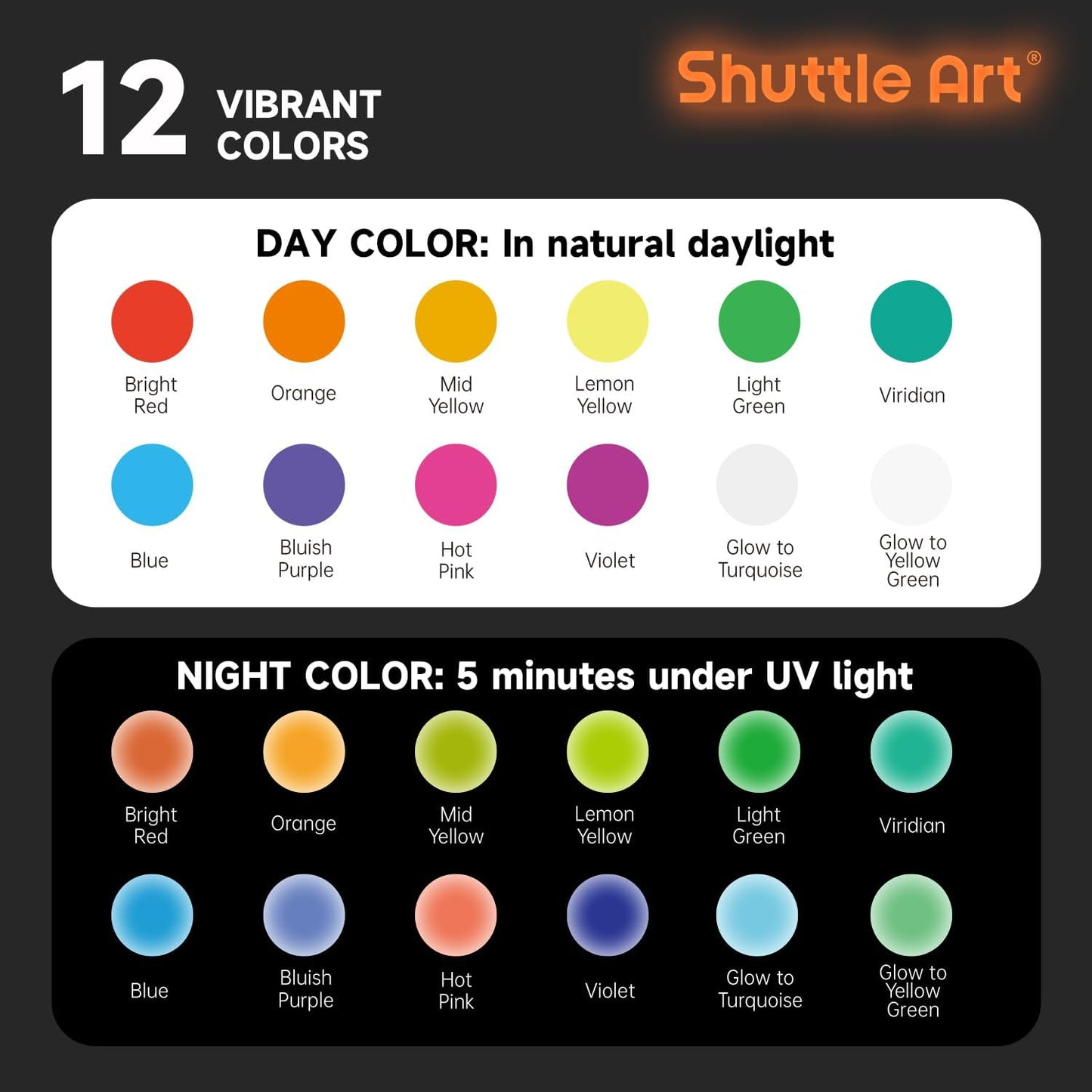 Nachtleuchtende Farben-Set, 12 nachtleuchtende Farben