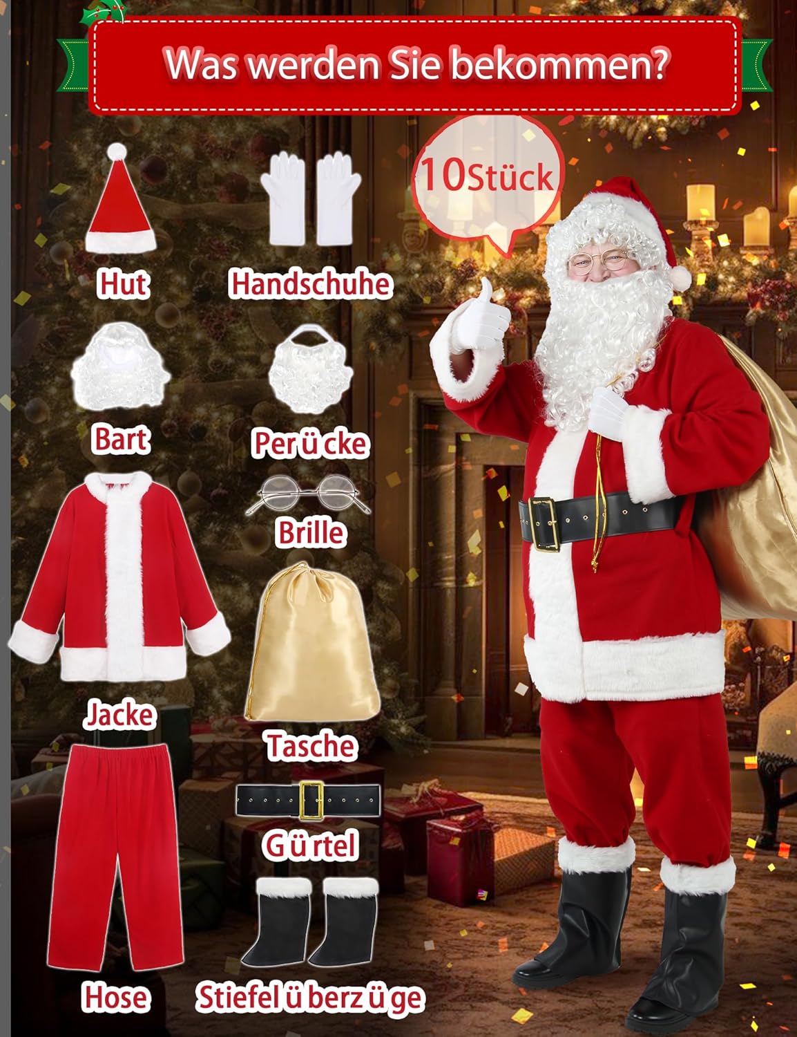 10-teiliges Weihnachtsmann Kostüm, XXL
