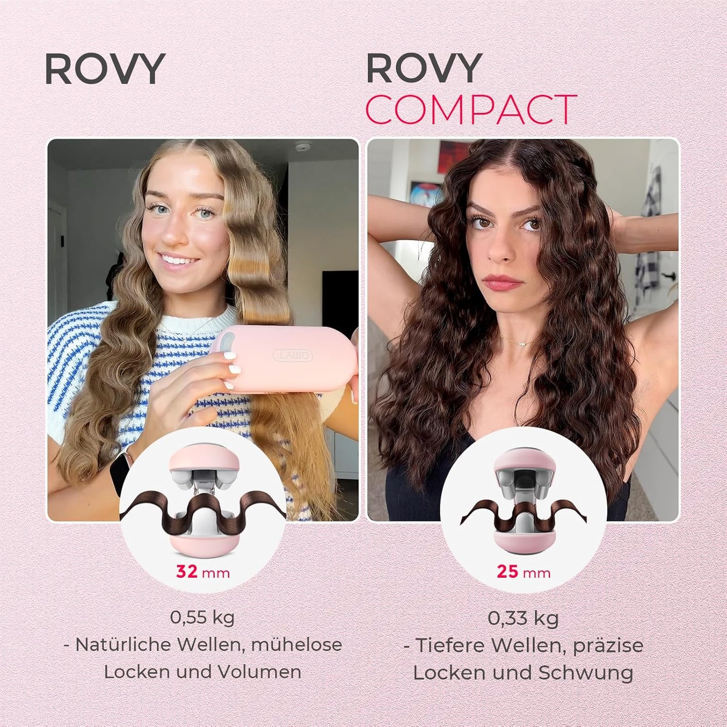 Welleneisen Rovy für Grosse Locken (25mm, 4 Temperaturen), 25mm, Rosa