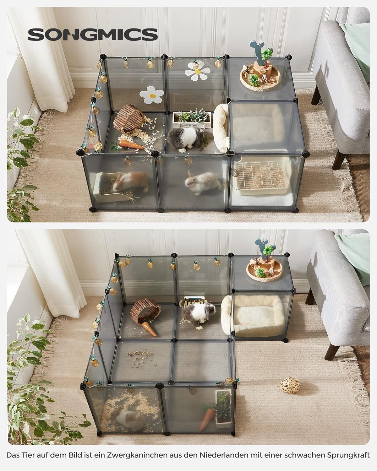 Freigehege mit Bodenplatten für Kleintiere, 143L x 73B x 46H cm Grau