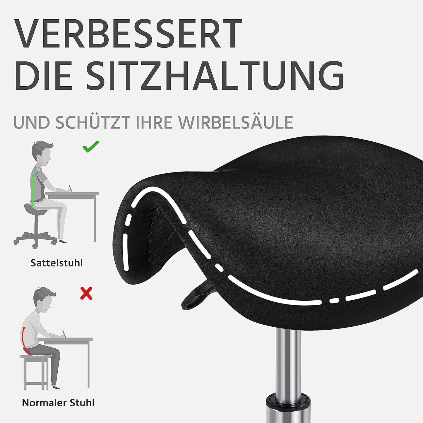 Sattelhocker mit Rollen, höhenverstellbar, Schwarz
