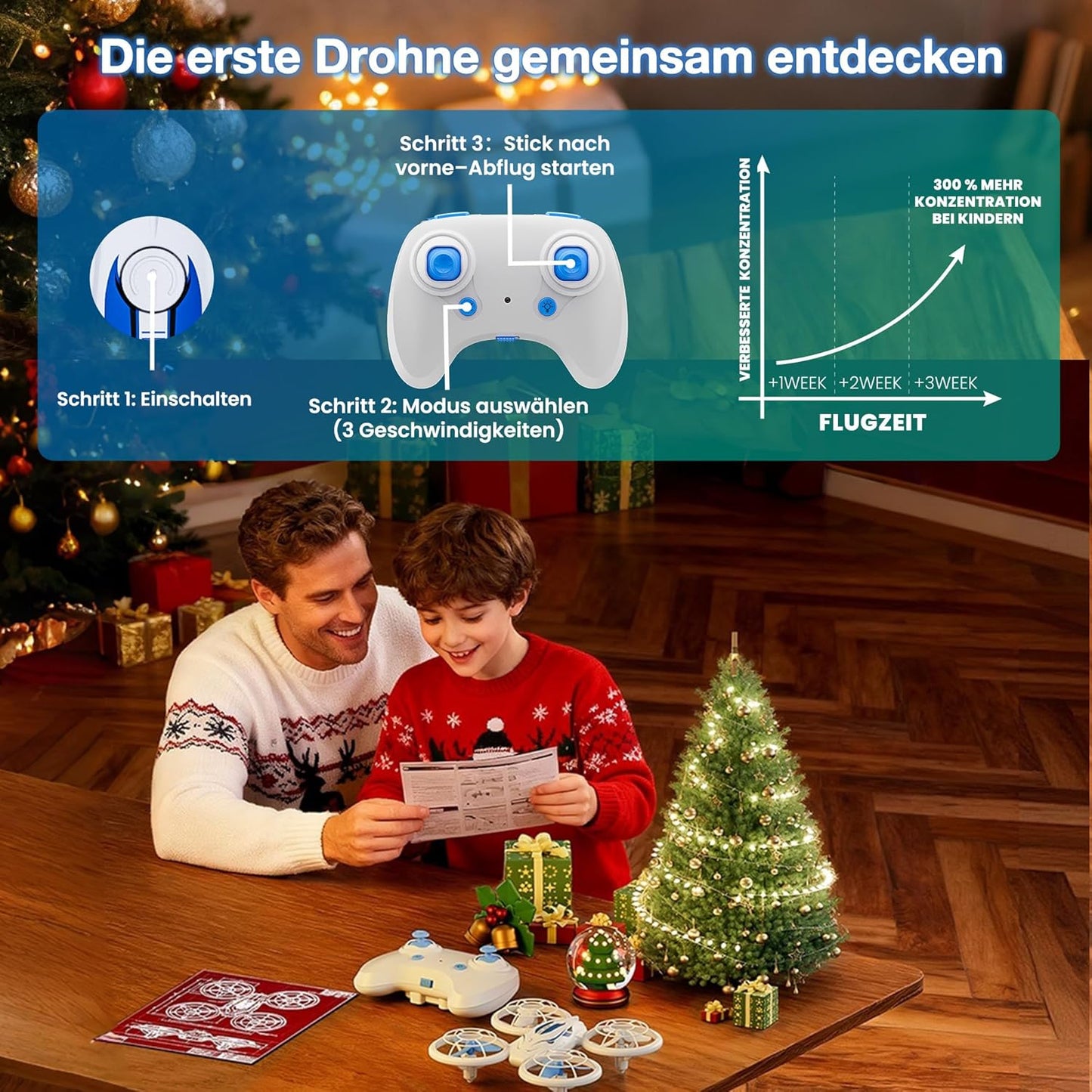 Mini-Drohne mit LED-Lichtern für Kinder, ab 6 Jahren, Mit 2 Akkus Weiß