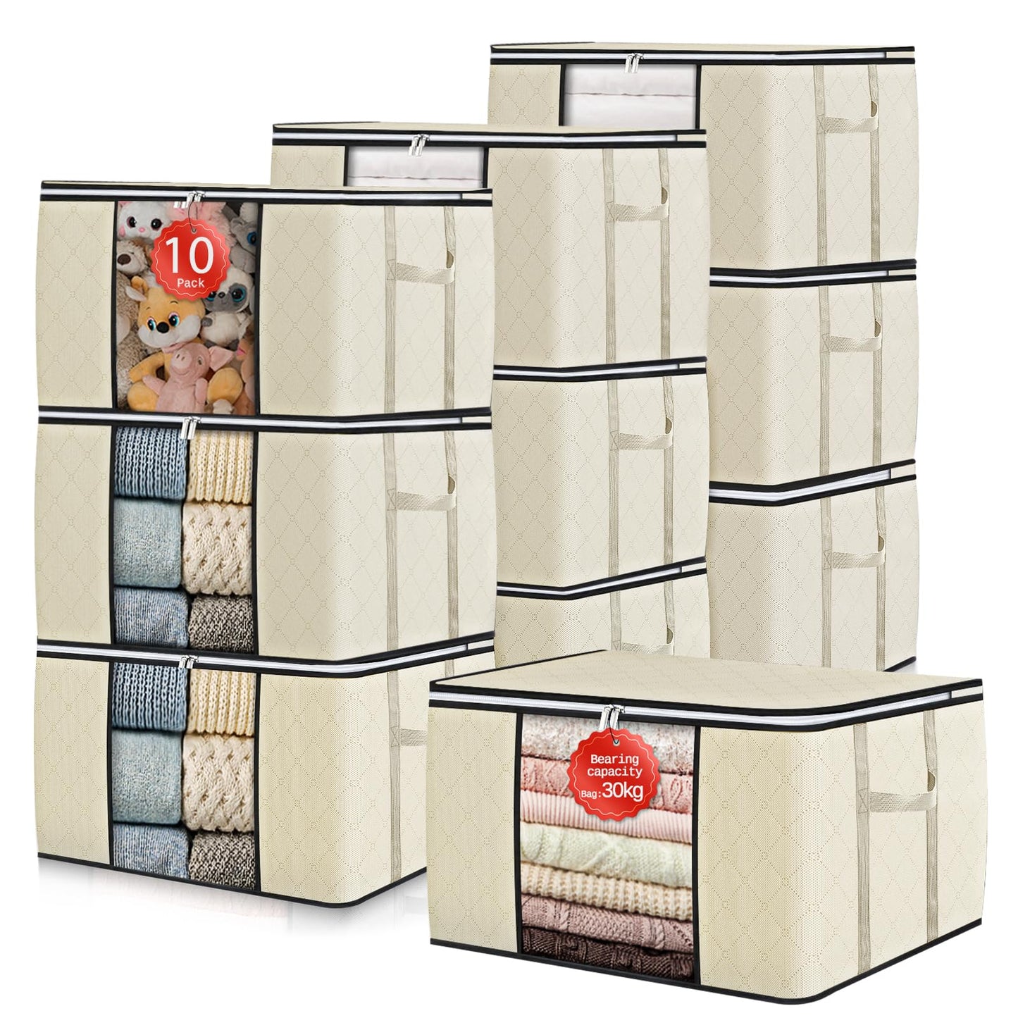 10-teiliges Aufbewahrungstaschen-Set für Kleidung, 90L x 10 Beige
