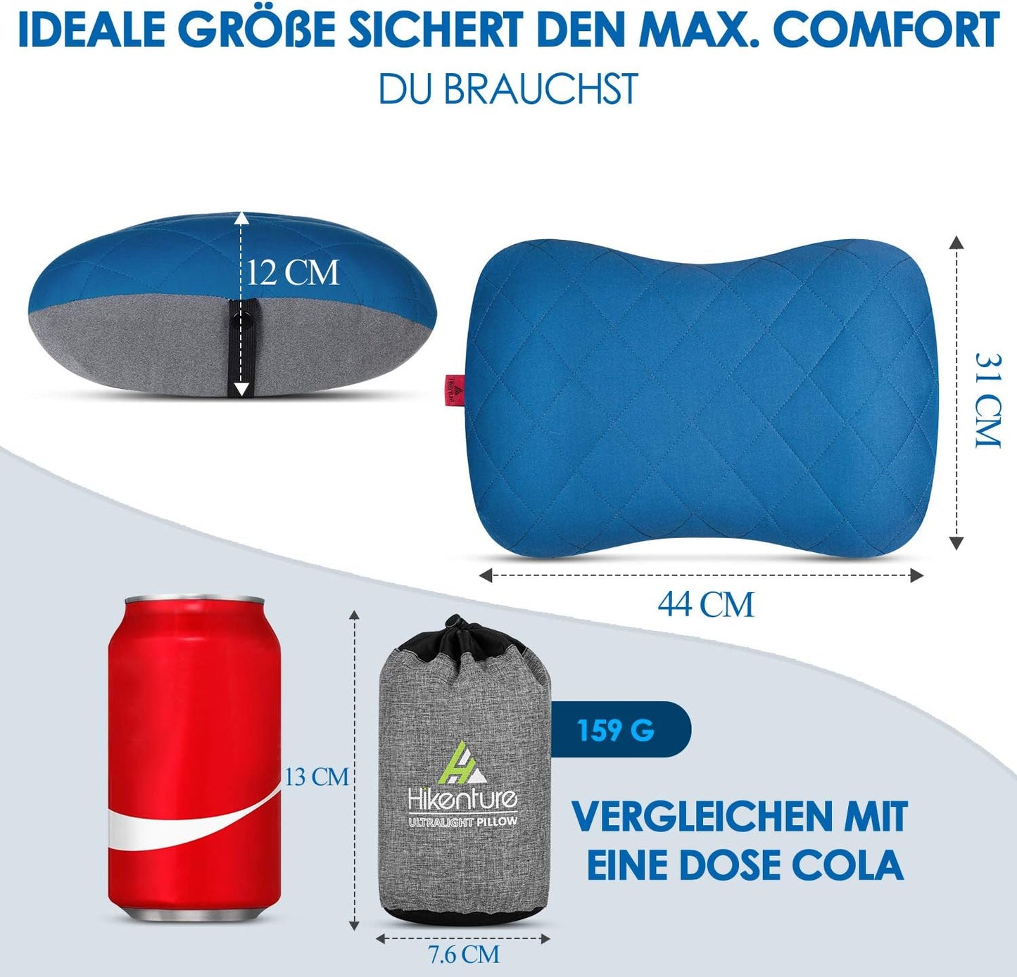Aufblasbares Camping- und Reisekissen mit Kissenbezug, Blau