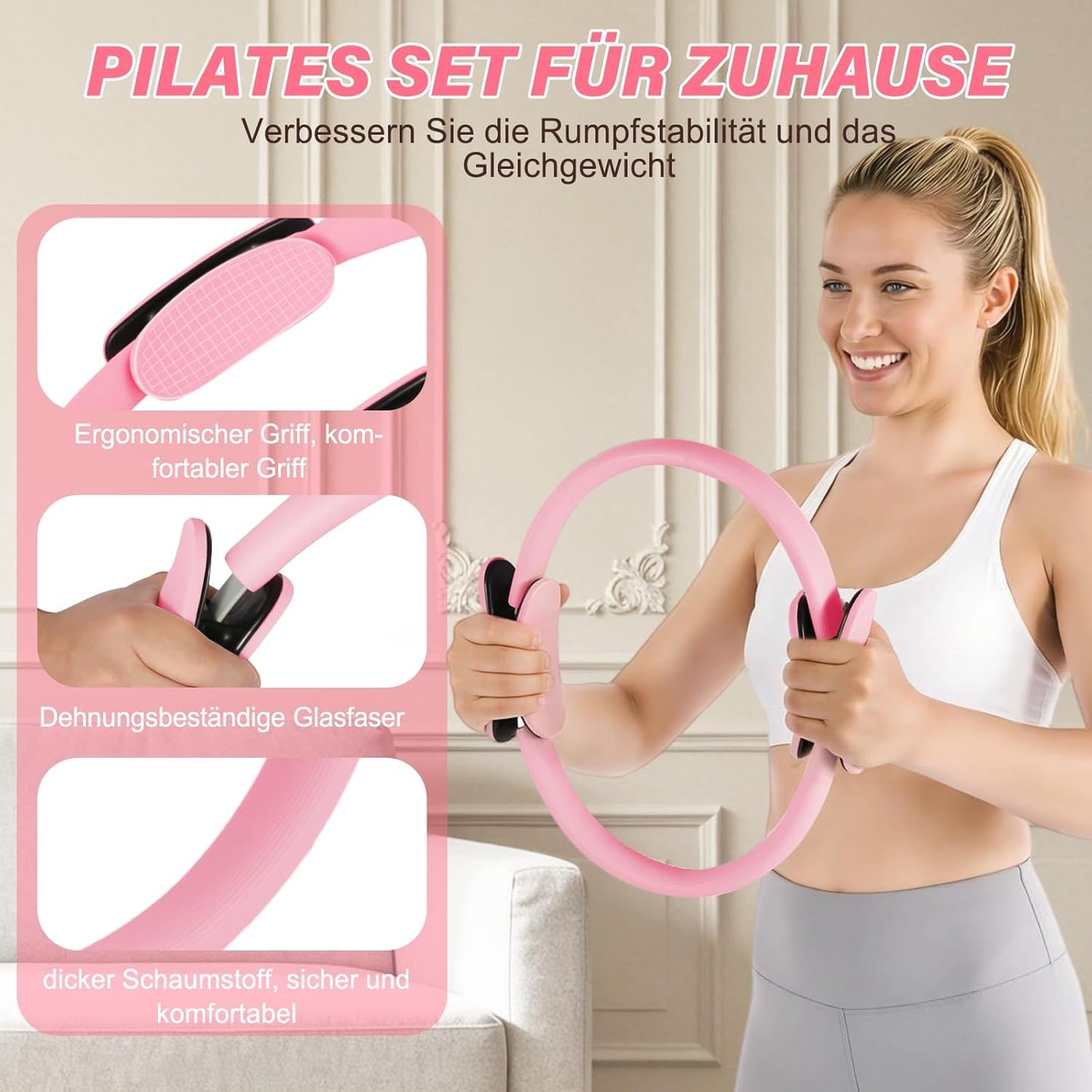 Pilates Set mit Ring, Ball und Fitnessbändern, Pink