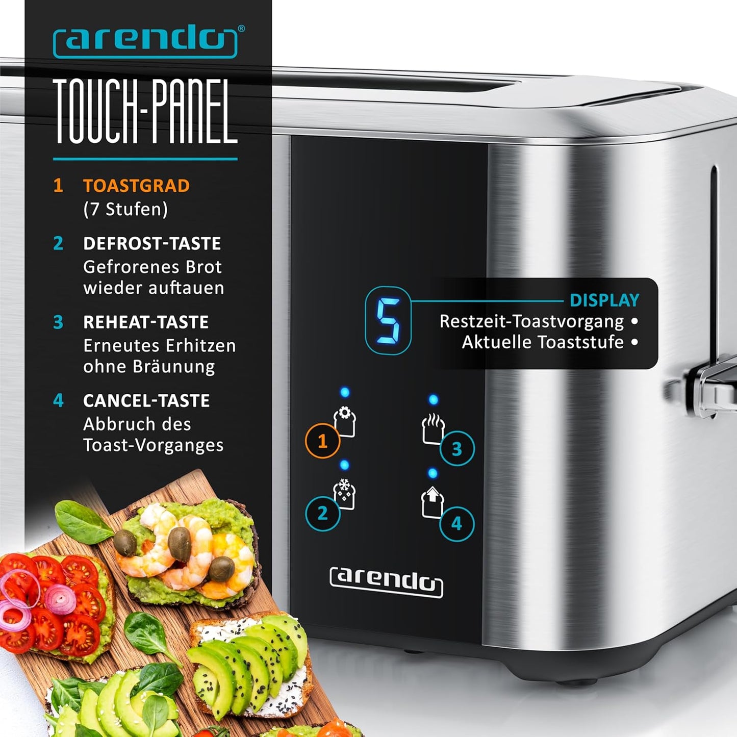 Langschlitz-Toaster Aurora mit Touchscreen und Brötchenaufsatz, A: Silber
