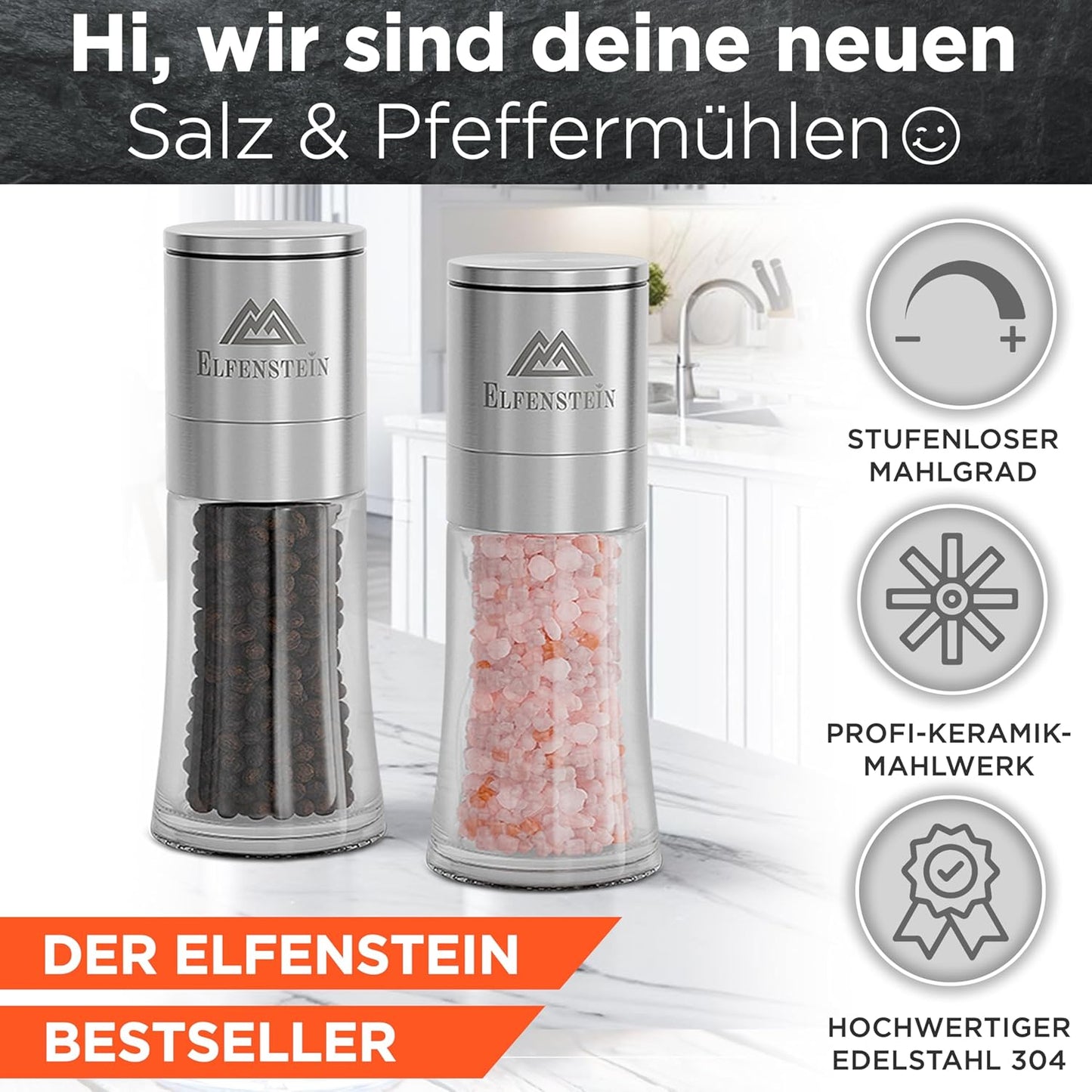 Gewürzmühlen-Set mit Keramikmahlwerk, stufenlos einstellbar, Silber M