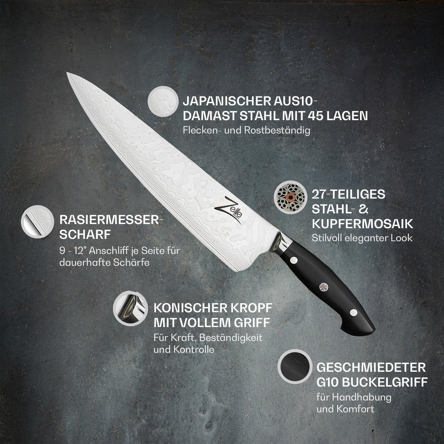 Küchenmesser mit Lederetui, 10"
