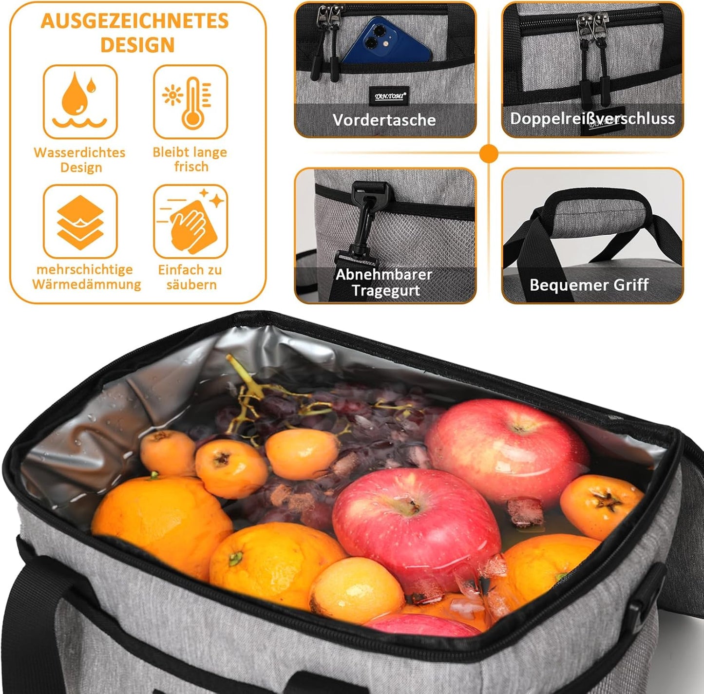 Faltbare Kühltasche mit Reissverschluss, Grau 15L