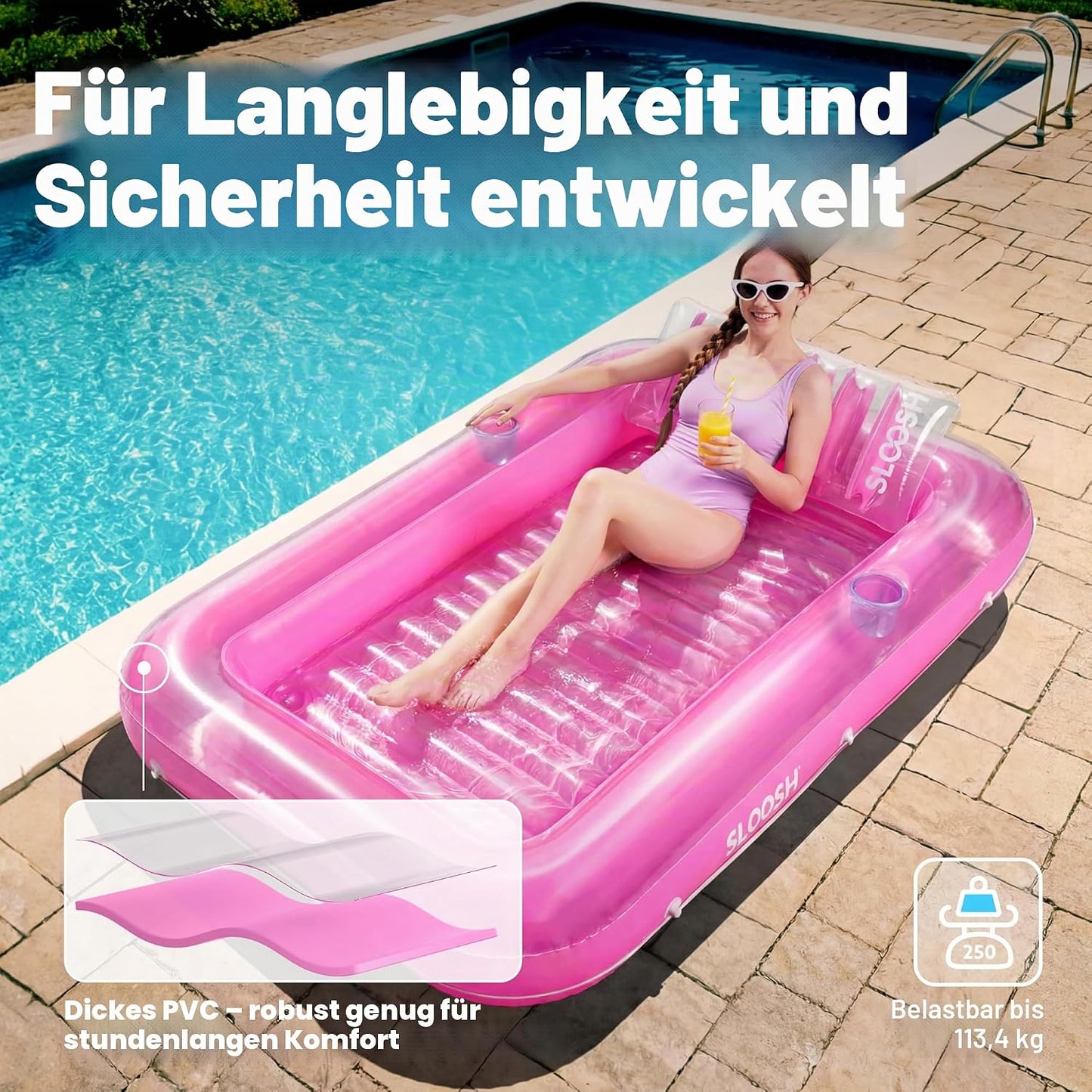 Aufblasbarer Sonnenpool mit abnehmbarem Kissen und Getränkehalter, Rosa L