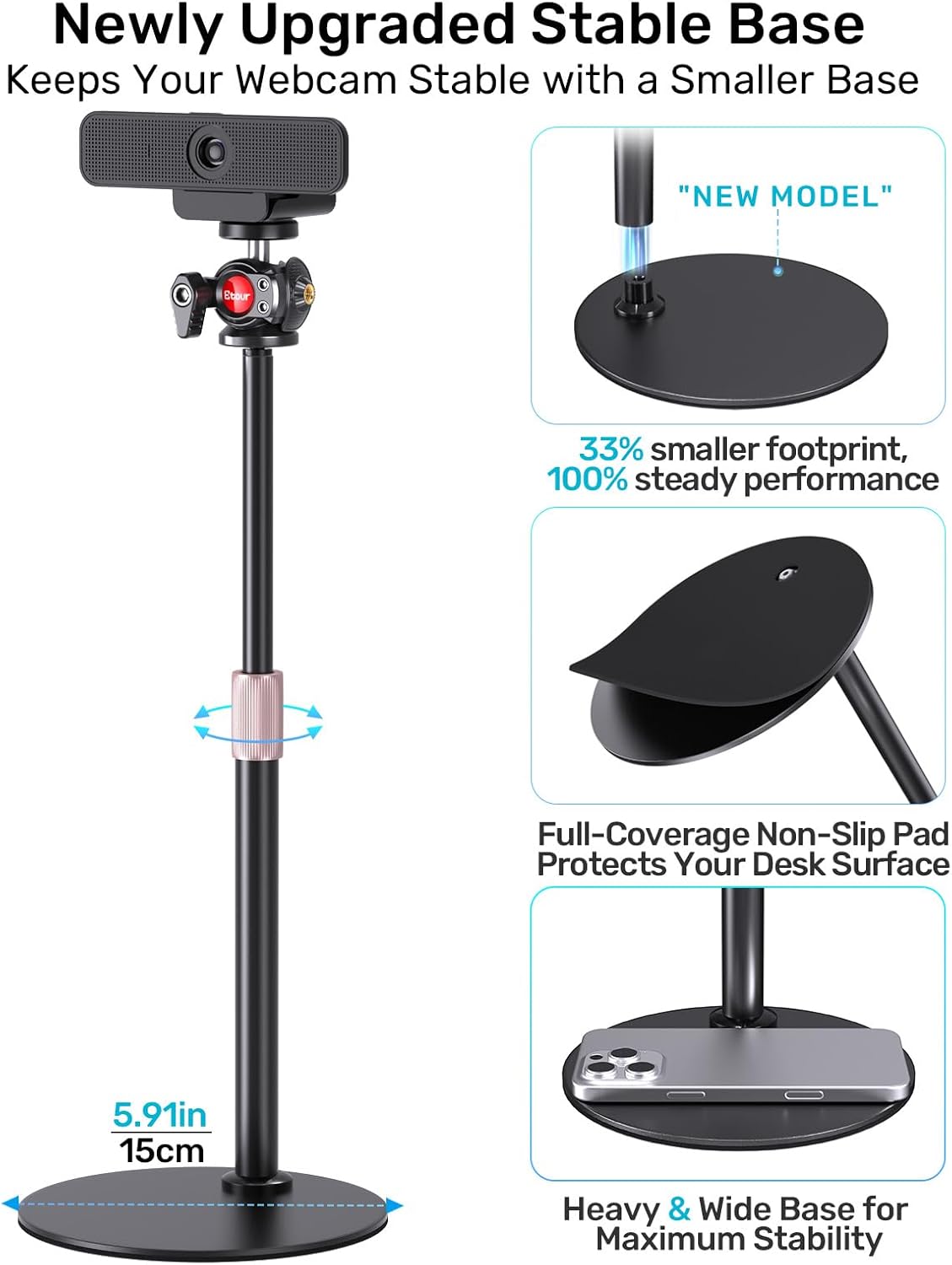 Webcam Ständer mit 360° Kopfdrehung, 9.2''-15.5'' in