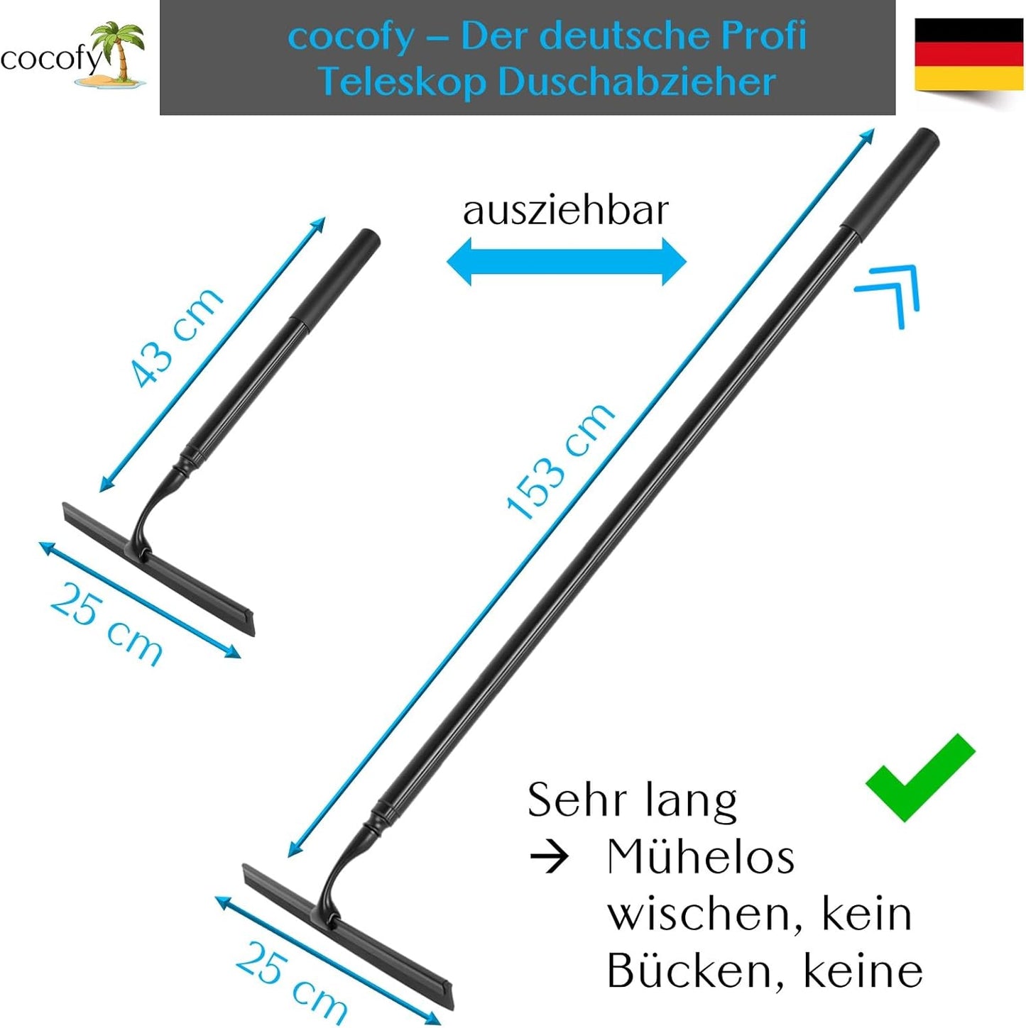 Duschabzieher mit Teleskopstiel (43-153 cm), 25 cm breit - ohne Mikrofaserüberzieher Schwarz