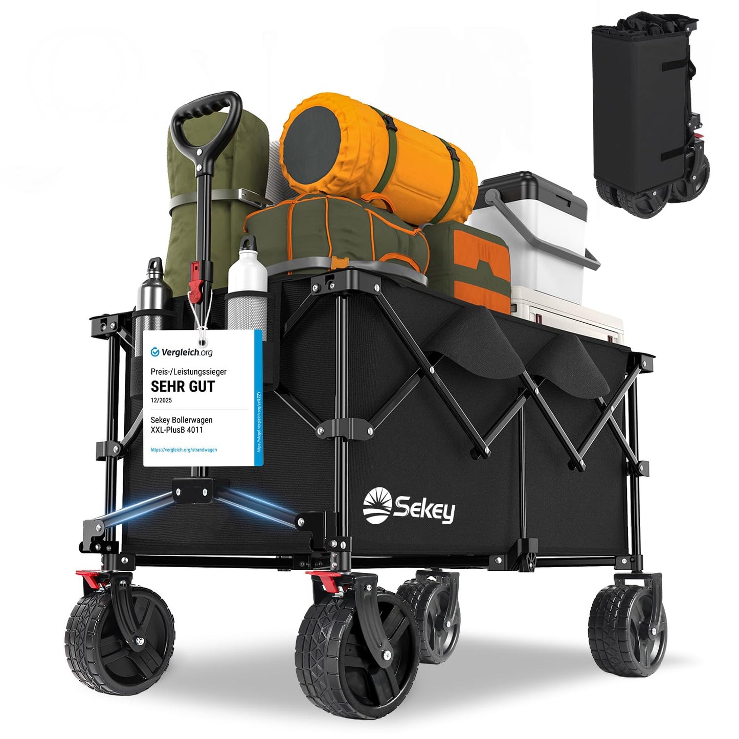 Faltbarer Bollerwagen mit Bremsen und breiten Reifen, Modell: XXL-PlusB 4011, Schwarz 8cm Räder