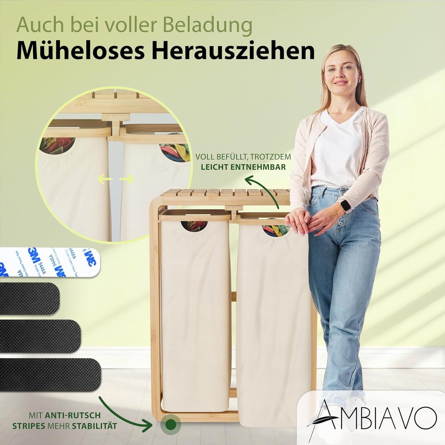 Wäschekorb mit 2 Fächern & Ablage, 2 Fächer Beige