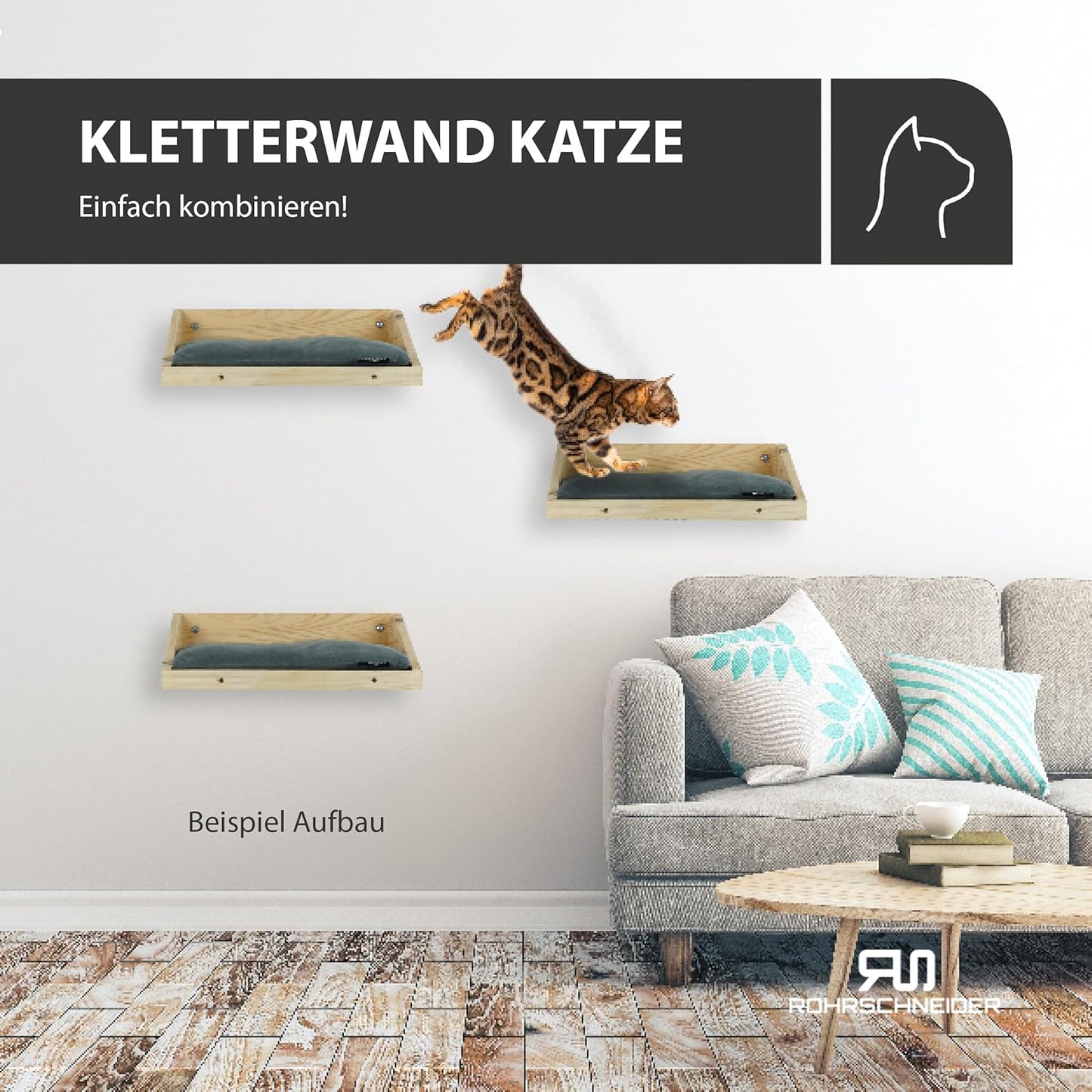 Kletterwand Katzenbett inkl. Kissen, Kiefernholz oliv