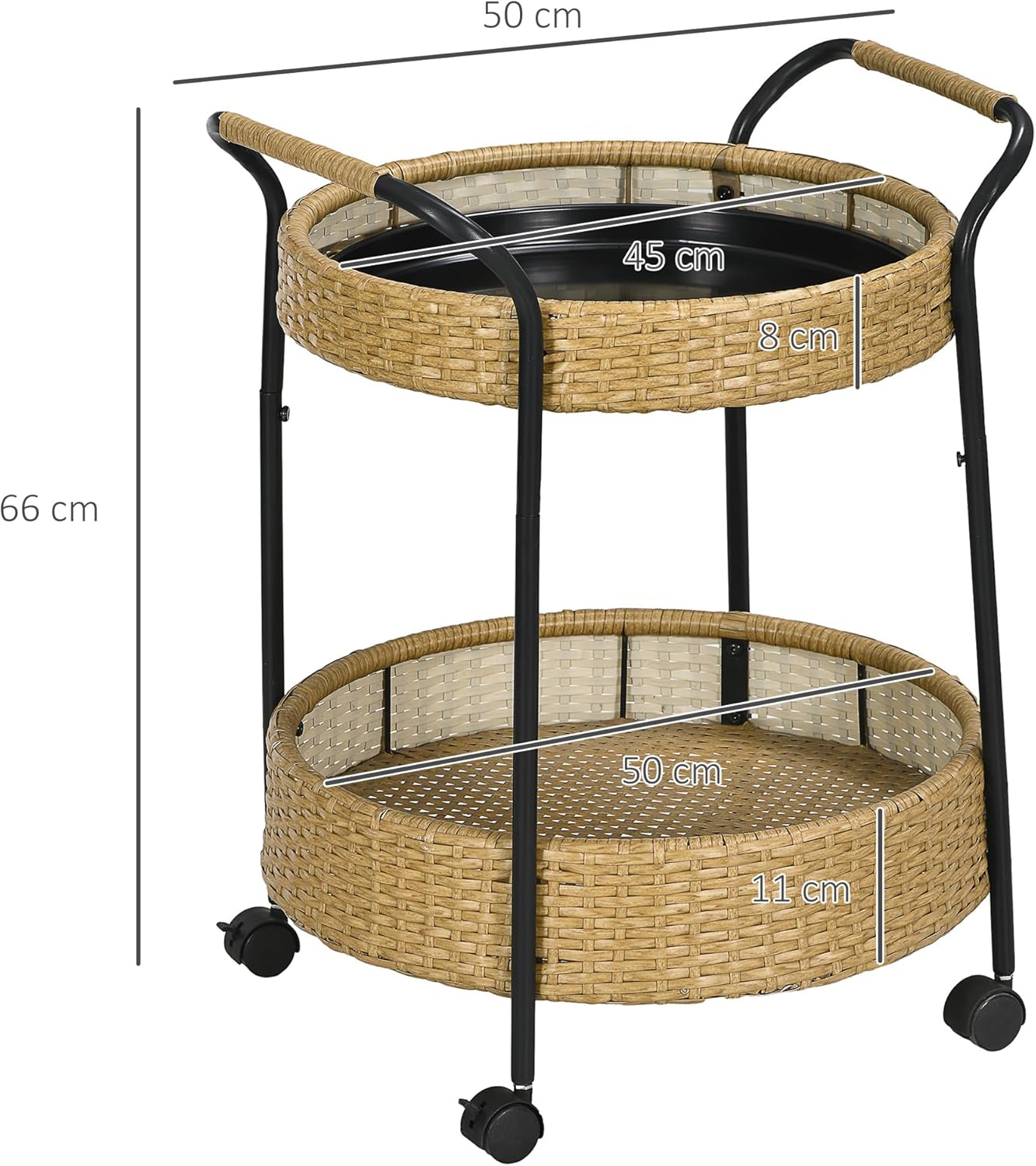 Rattan Servierwagen mit Regalen und Griffen