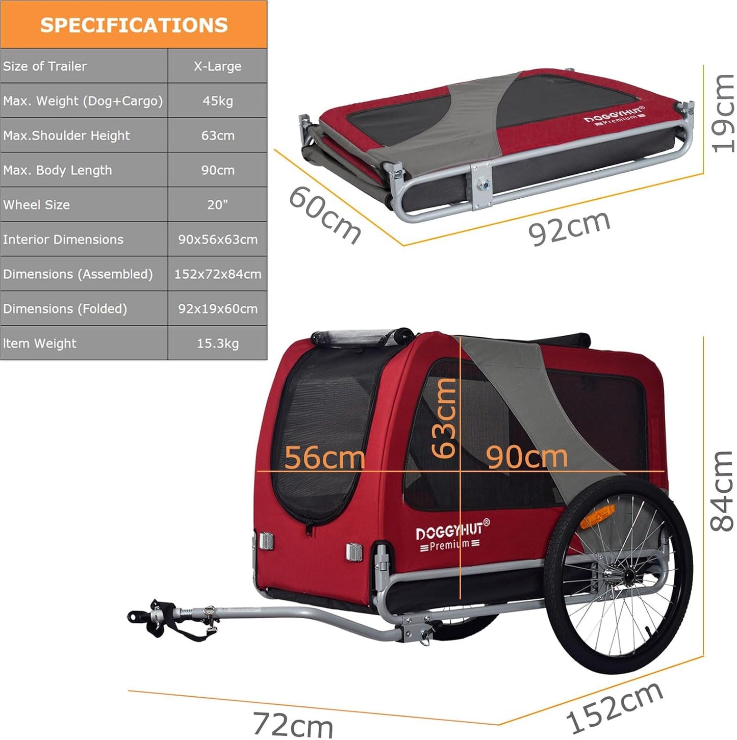 Premium XL Hundefahrradanhänger bis 45 kg, ROT