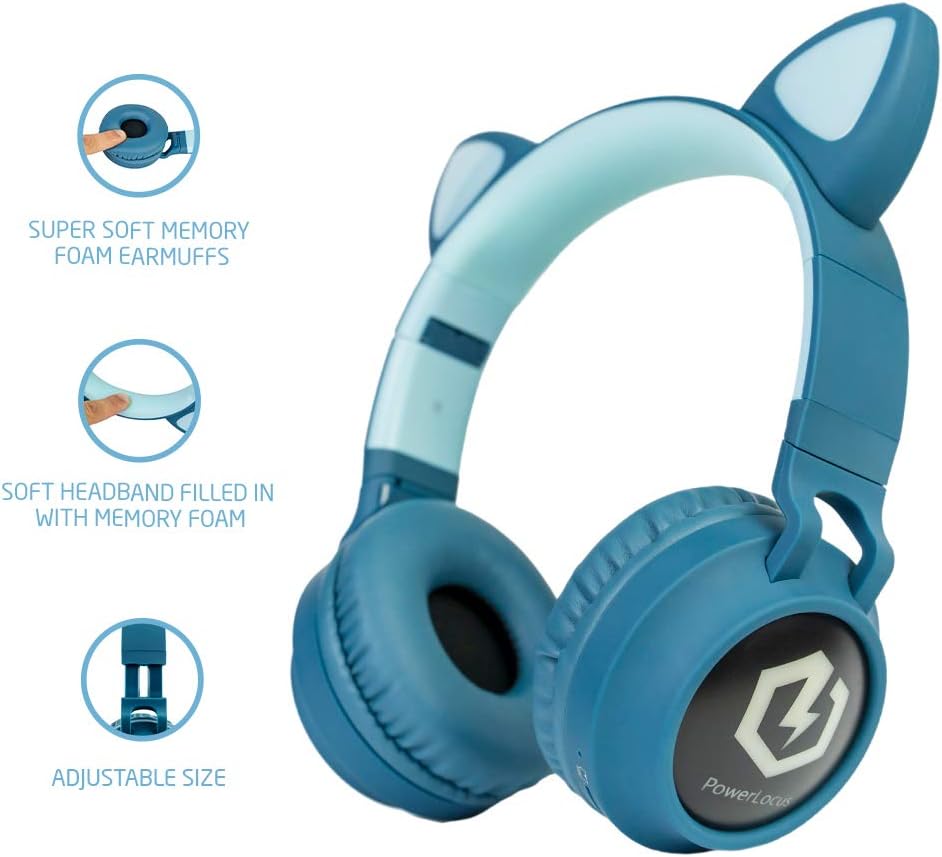 Bluetooth Kinderkopfhörer mit LED Katzenohren, Blau