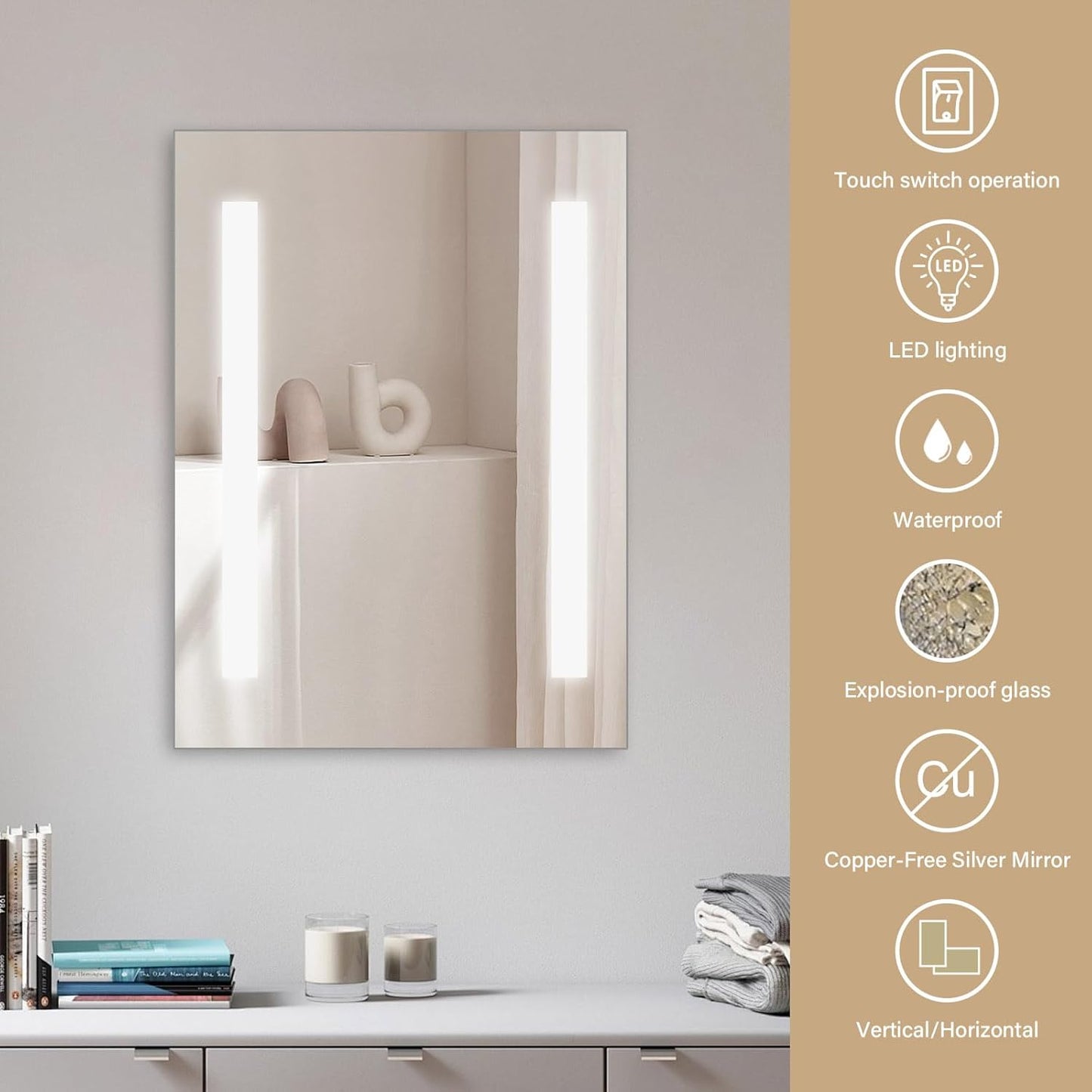 LED-Badezimmerspiegel mit Knopfschalter, 45 x 60 cm, 60L x 45B cm Zwei Mattierte Kanten - Ohne Bluetooth