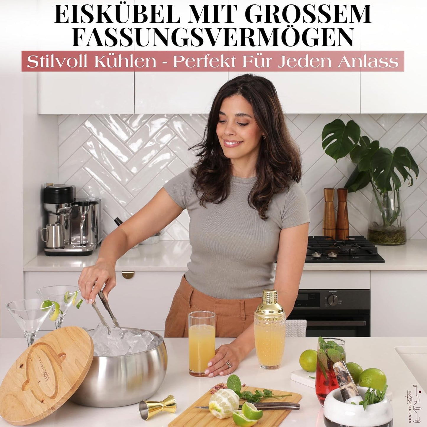 Eiswürfelbehälter mit Deckel und Zange, Silber 4.1 Liters