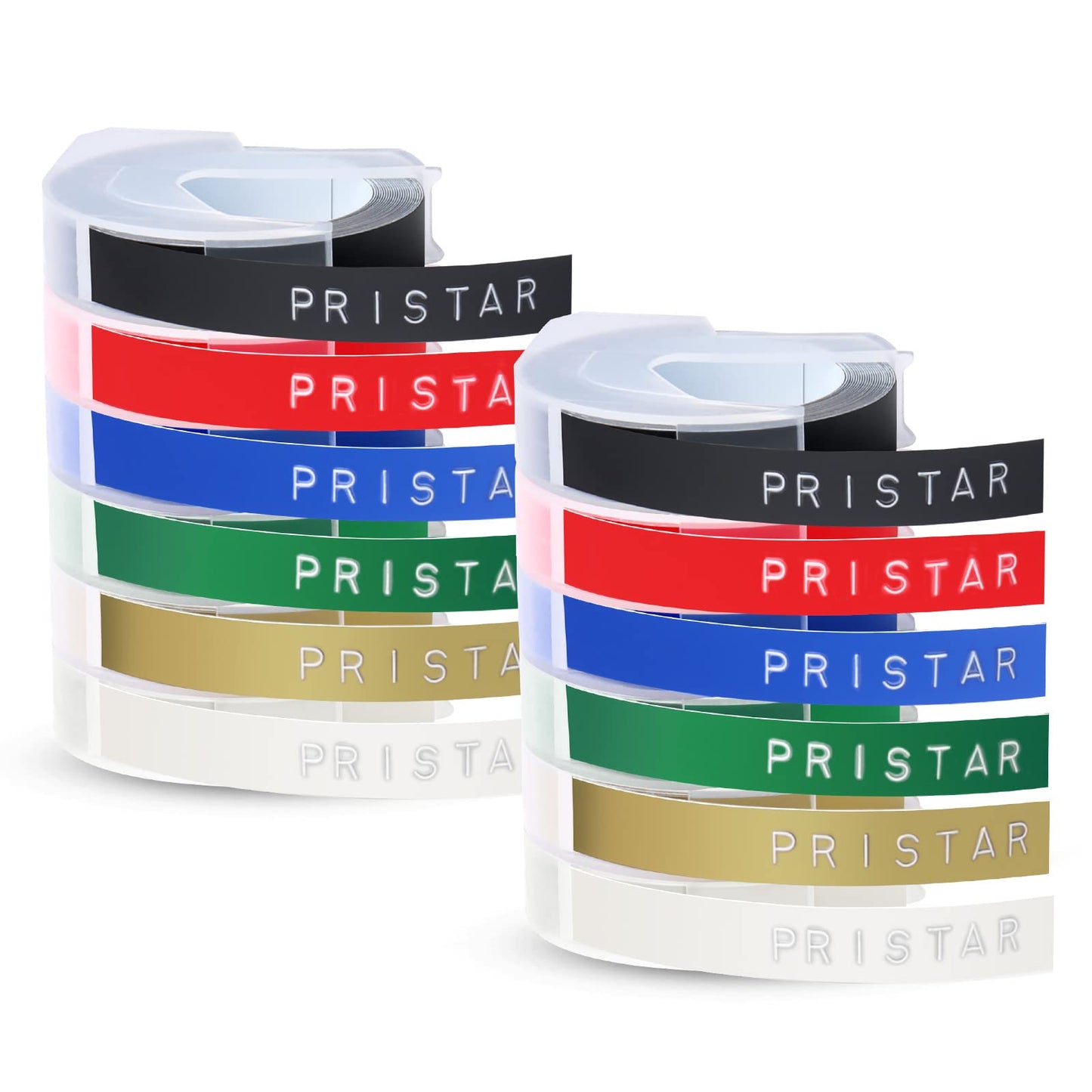 12er-Pack Prägeetikettenband, 9mm x 3m, Schwarz/Rot/Blau/Gelbem/Gold/Transparent 12-Pack