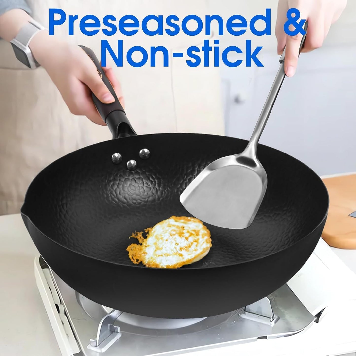Wokpfanne mit Deckel & Spatel, A-12,5-zoll-wok mit Holzdeckel