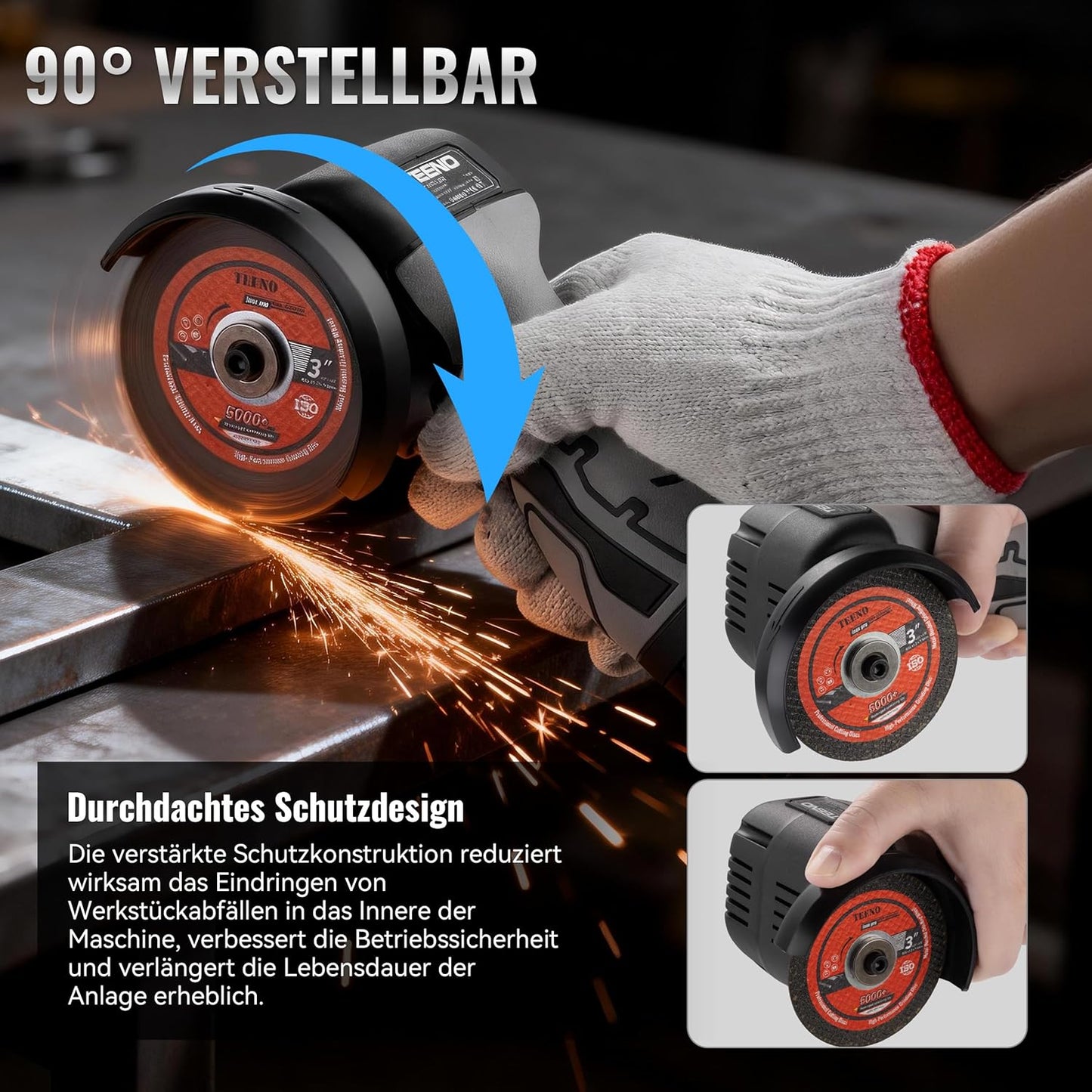 Kabelloser Winkelschleifer T-3608 mit 2 Akkus und 6 Scheiben, Grauer Winkelschleifer
