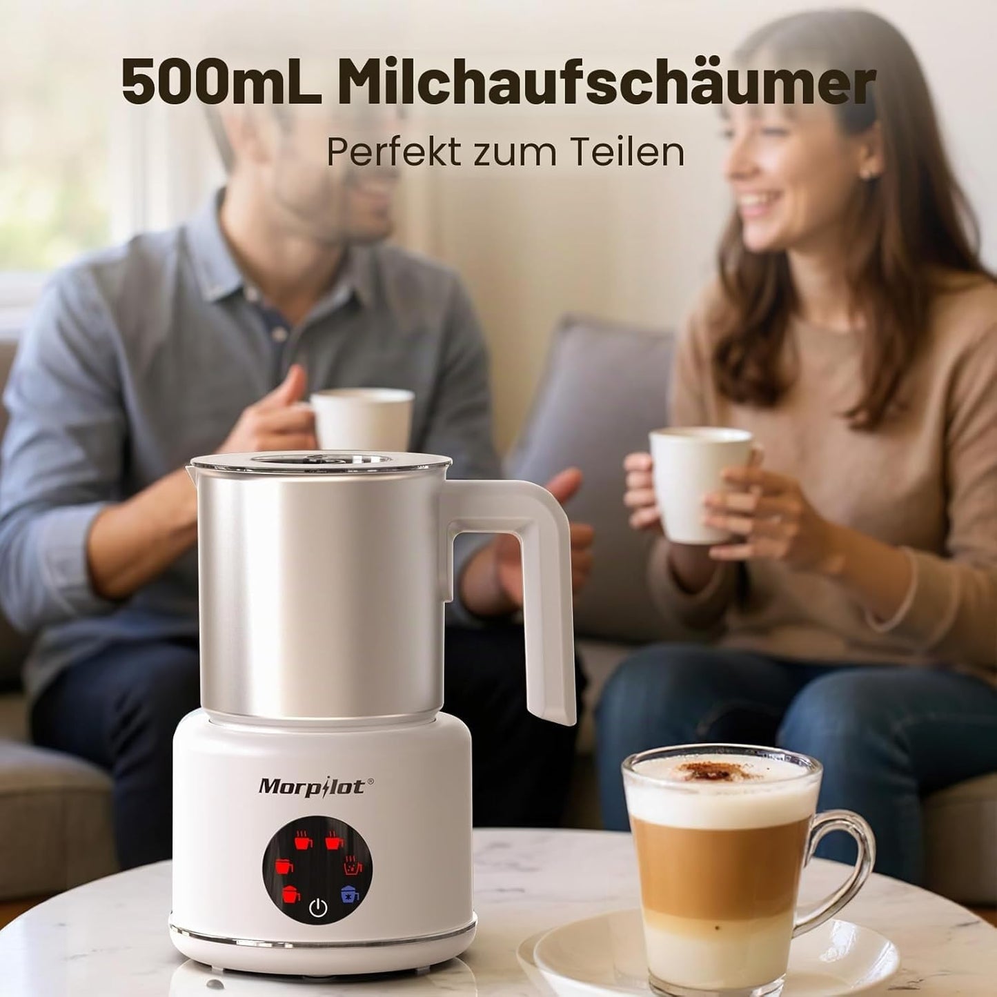 Elektrischer 6-in-1 Milchaufschäumer 500ml, spülmaschinenfest, Edelstahl Weiss