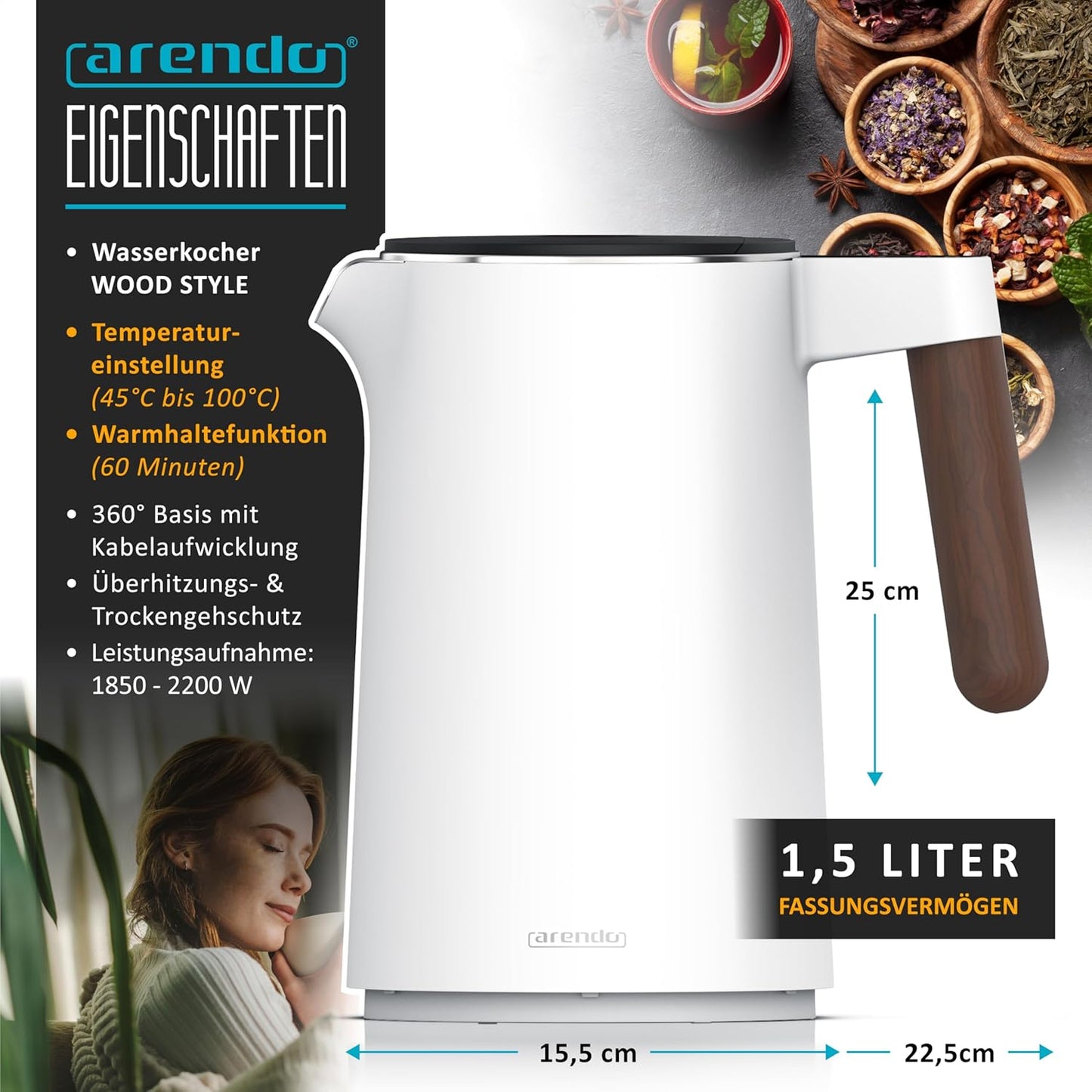 Wasserkocher mit Temperatureinstellung, B: Dunkler Griff