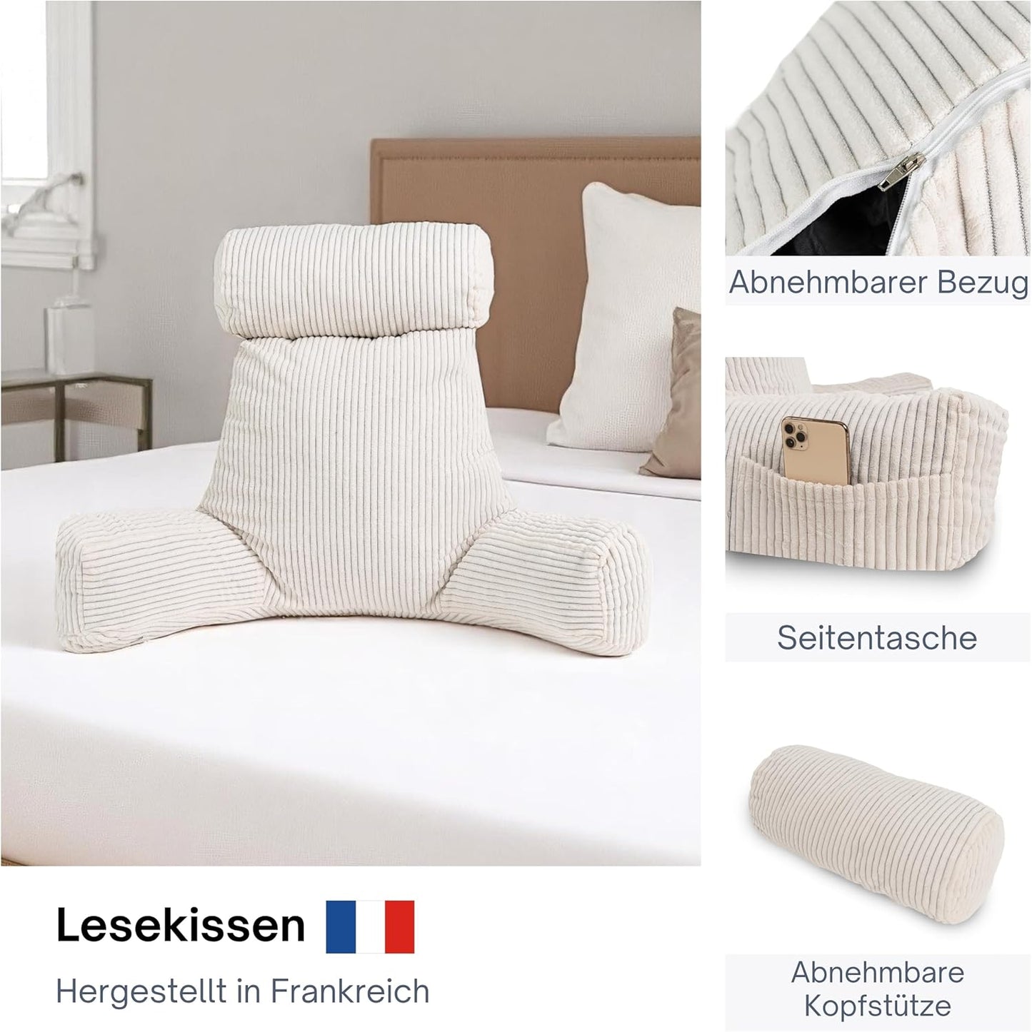 Lesekissen mit Armlehnen und abnehmbarer Hülle, Kissen abnehmbar Cremeweiß - Cord-samt - Abnehmbar