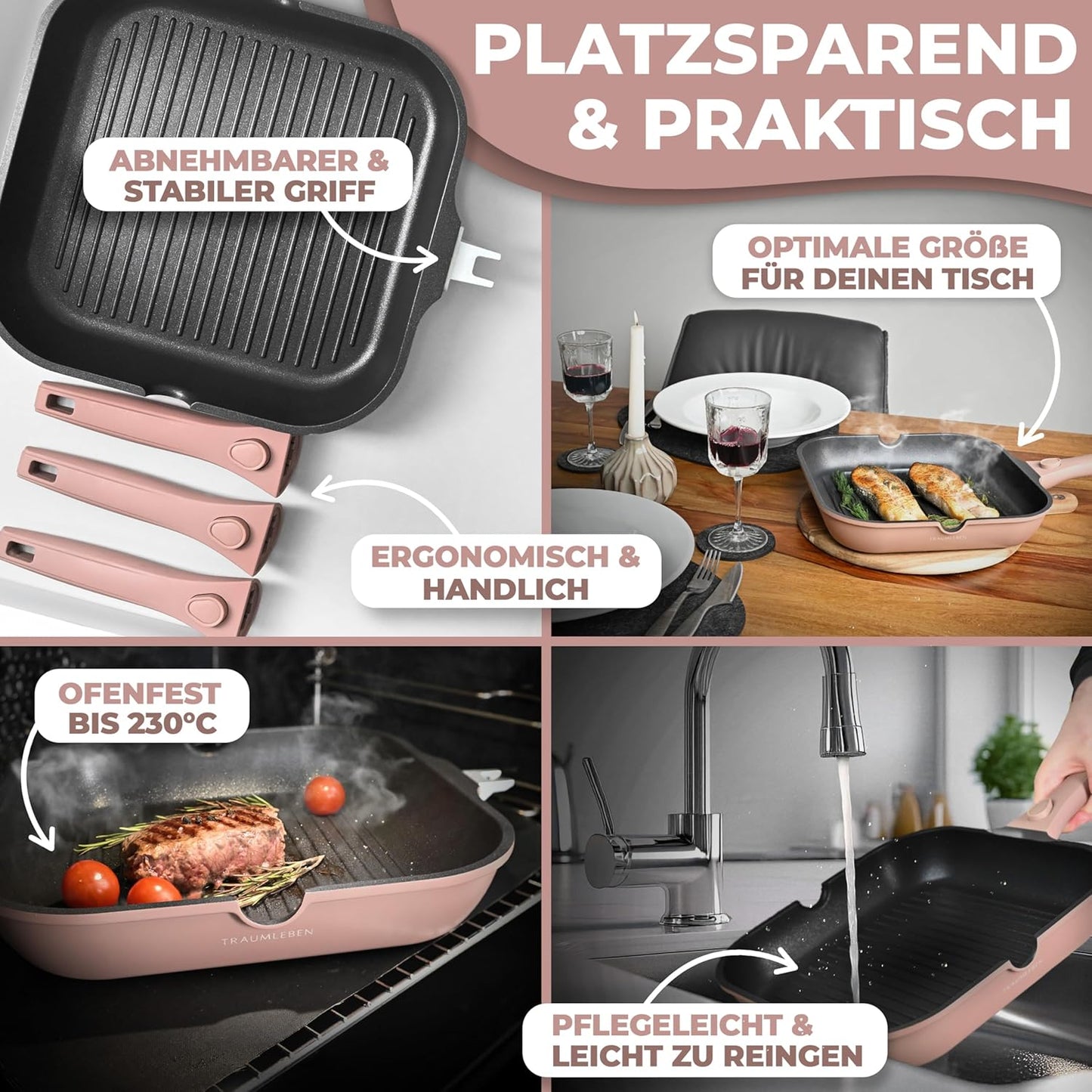 Grillpfanne mit abnehmbarem Griff, Rosa