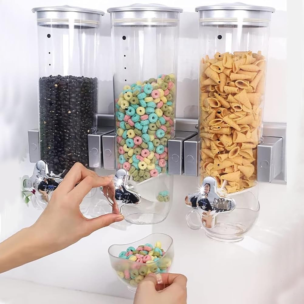 Dreifacher Müsli-Spender mit luftdichtem Deckel, Silber / Schwarz