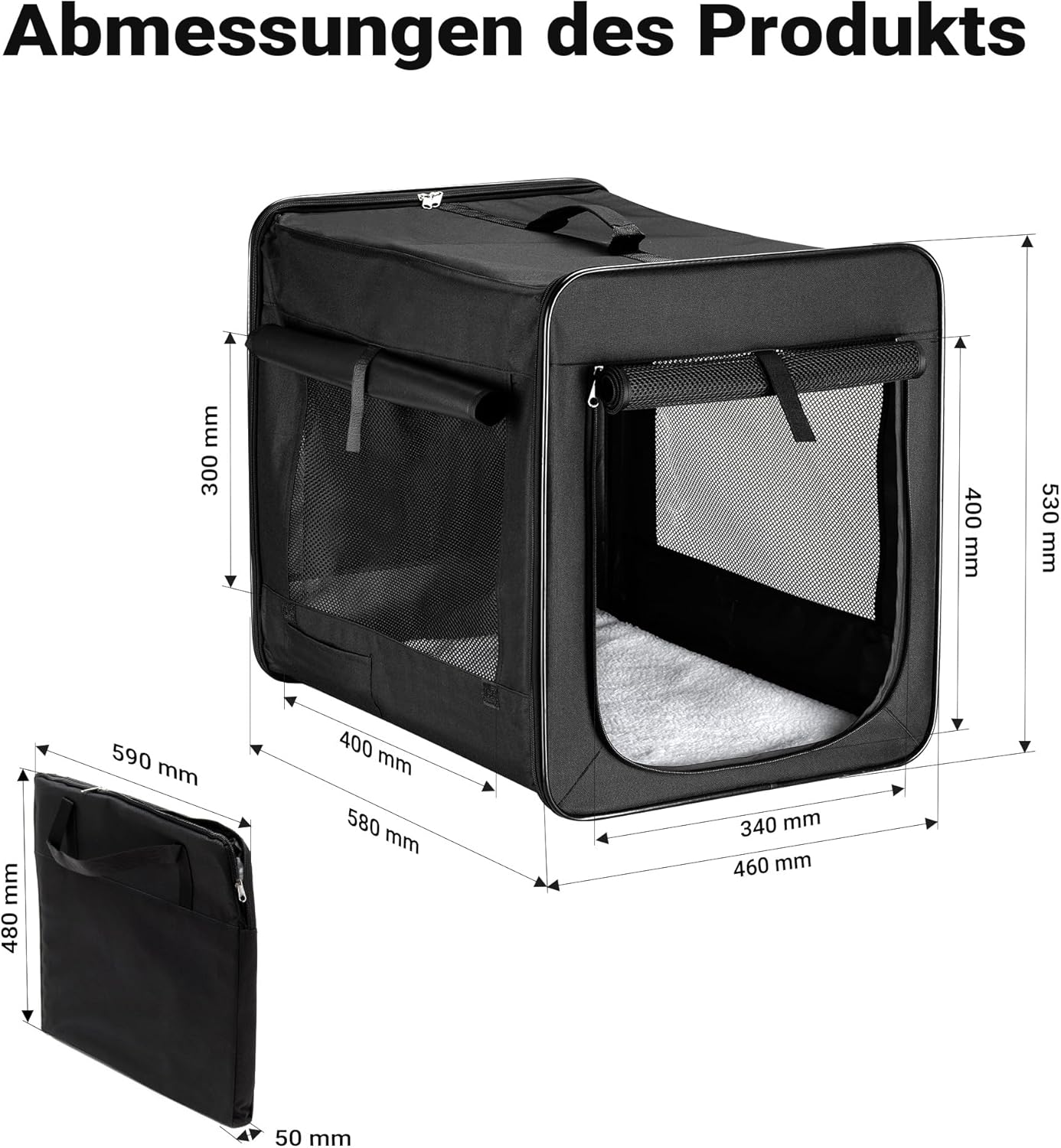 Faltbare Transportbox für Haustiere mit Kissen (Grösse M), L 58 x B 46 x H 53 cm