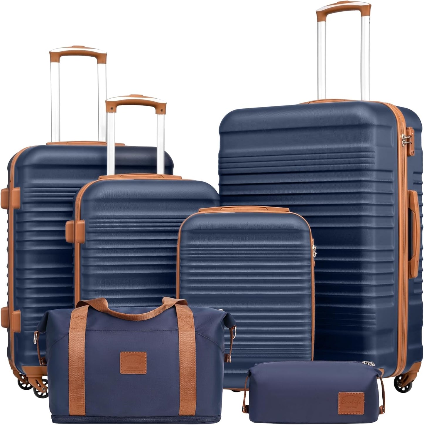 6-teiliges Hartschalenkoffer-Set mit Reisetasche und Kulturbeutel, Koffer-Set 6tlg Blau/Braun