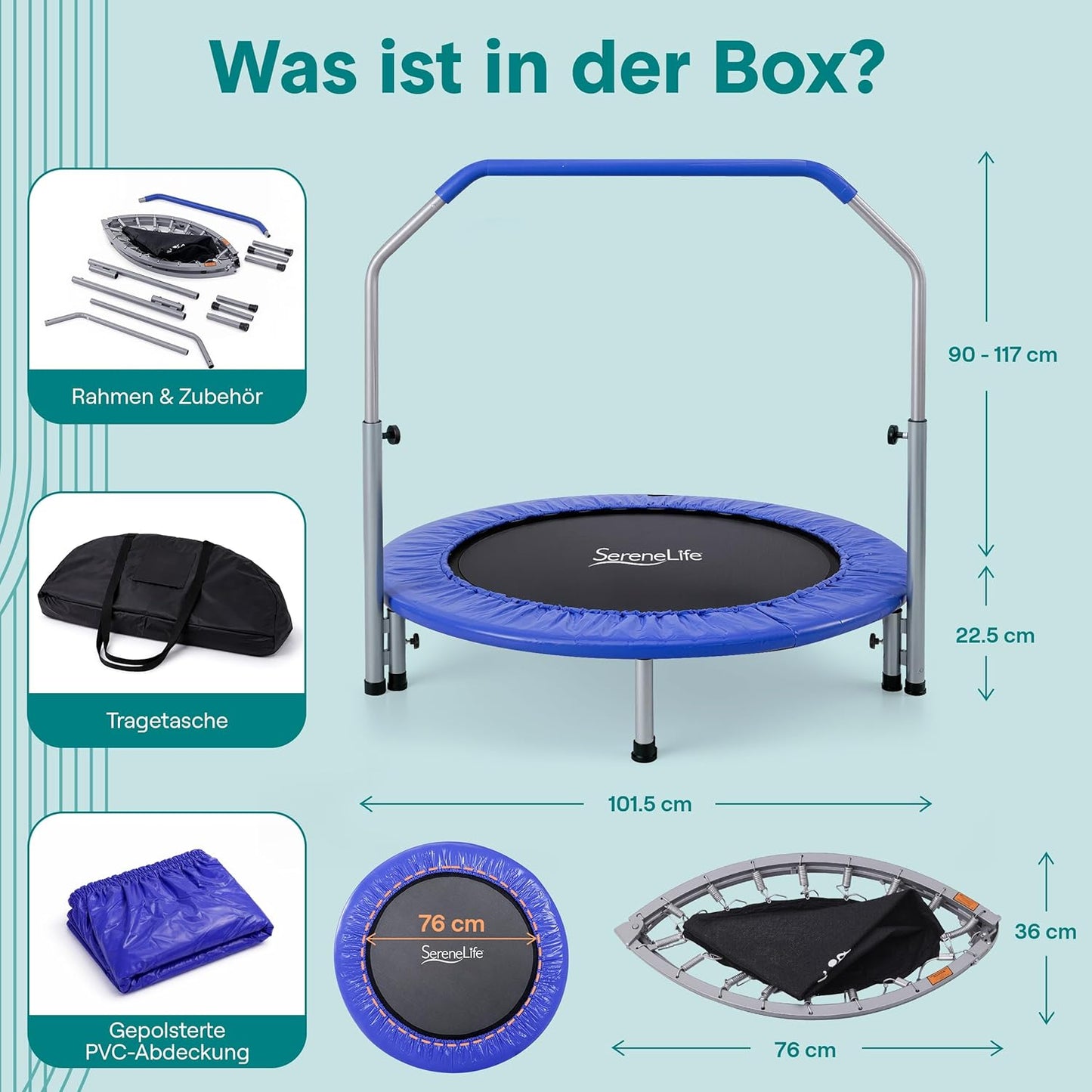 Fitness Trampolin Indoor, faltbar mit Griff, Tiefblau - 102 cm