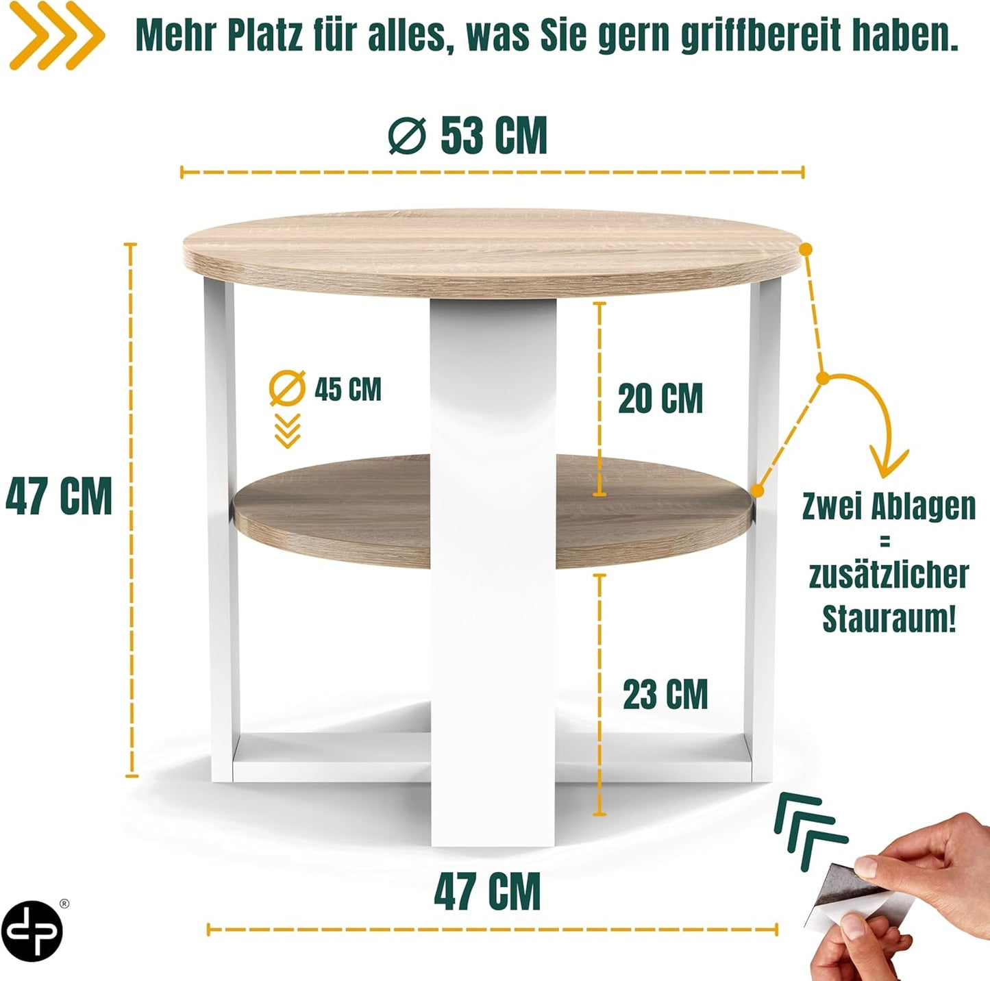 Runder Couchtisch mit Ablage, Weiß & Sonoma Eiche Durchmesser: 53CM
