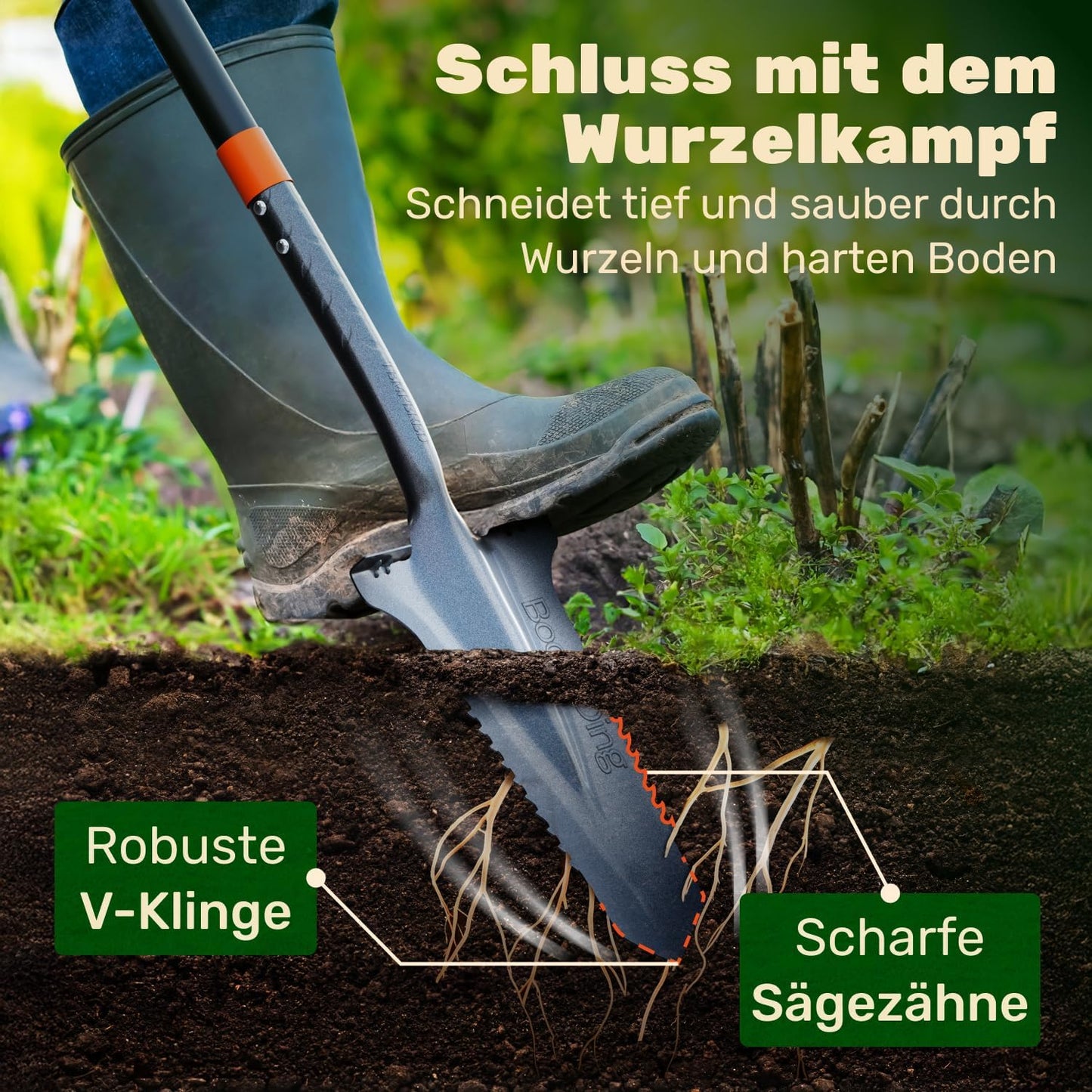 Wurzelspaten mit Wurzelsäge und ergonomischem Griff, Wurzelspaten