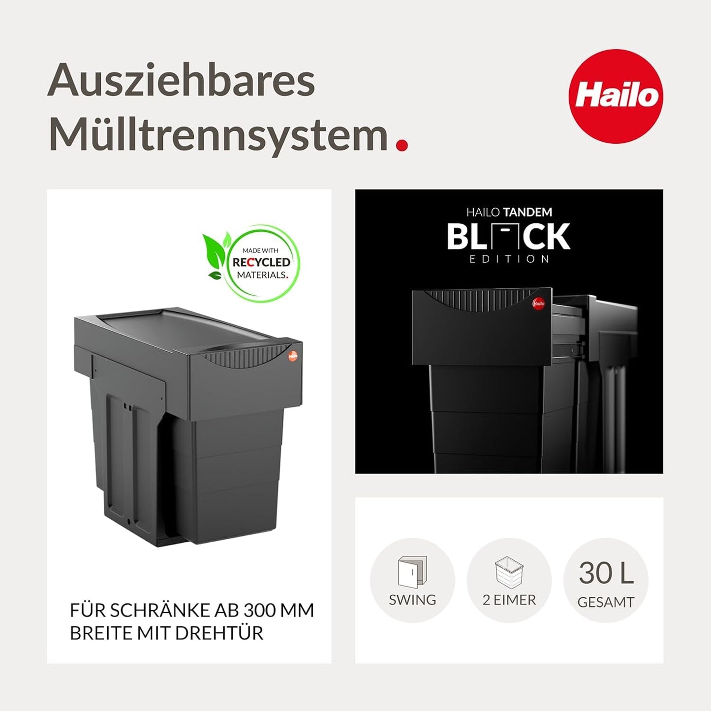 Einbau-Mülltrenner Tandem 3666851 für Drehtüren, Black Edition, Schwarz