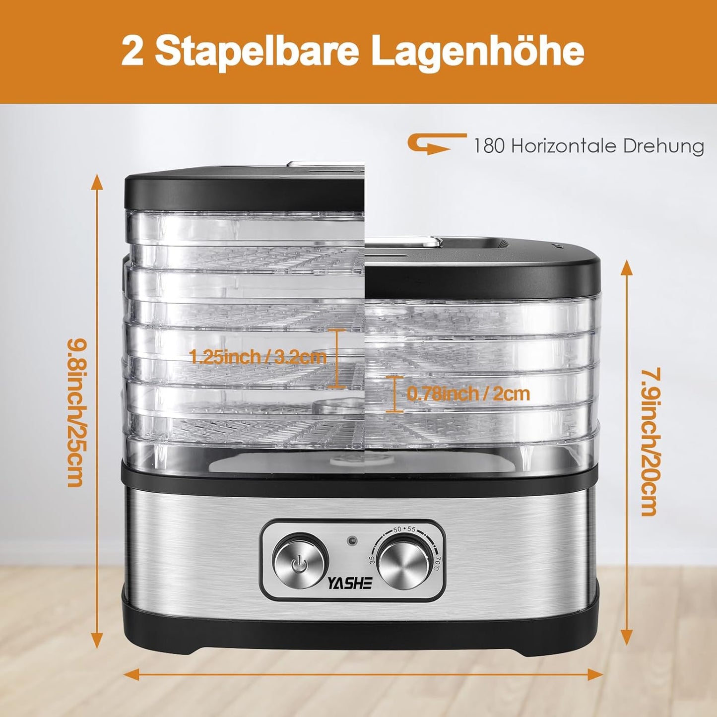GGJ-261A Dörrautomat mit 5 höhenverstellbaren Tabletts, Knopfsteuerung 5 BPA-frei Tabletts