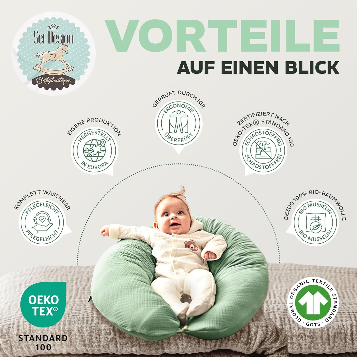 XXL-Stillkissen mit Musselin-Bezug, 190x35 cm, Musselin Mint Stillkissen 190x30