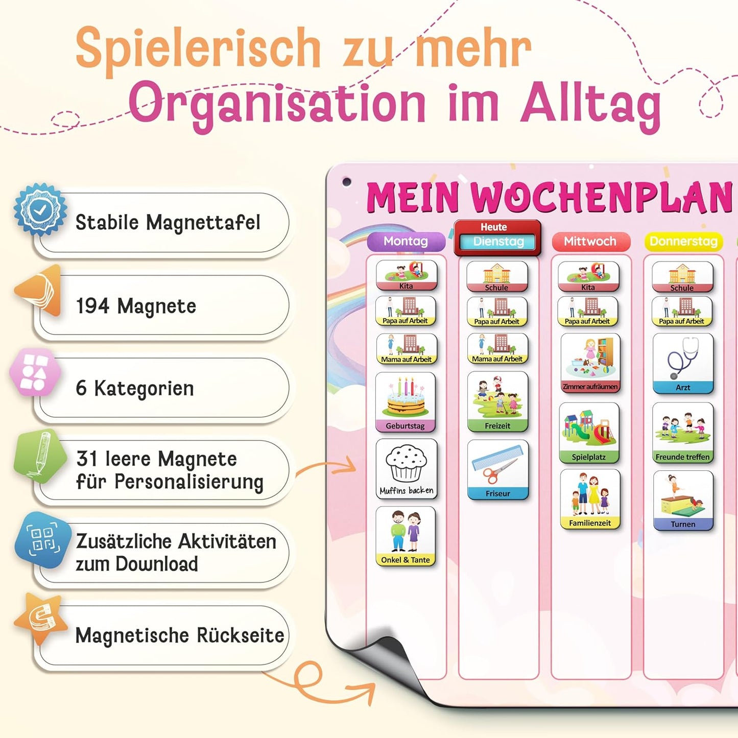 Wochenplaner und Magnettafel für Kinder, Pink Wochenplan