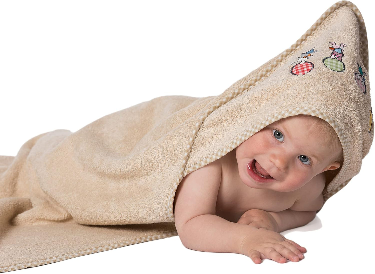 Baby Kapuzenbadetuch 100x100 cm, mit Stickerei, Beige