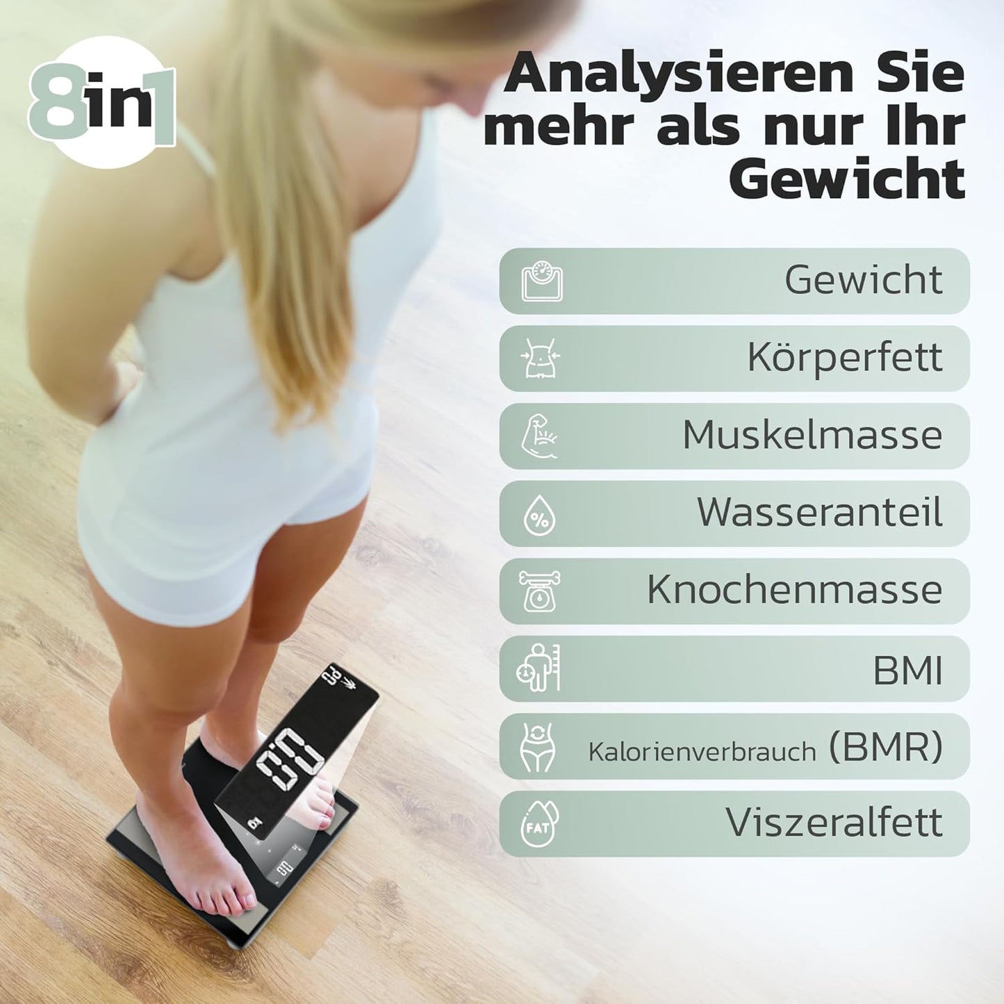 8-in-1 Glas-Personenwaage mit Körperfettanalyse, Schwarz