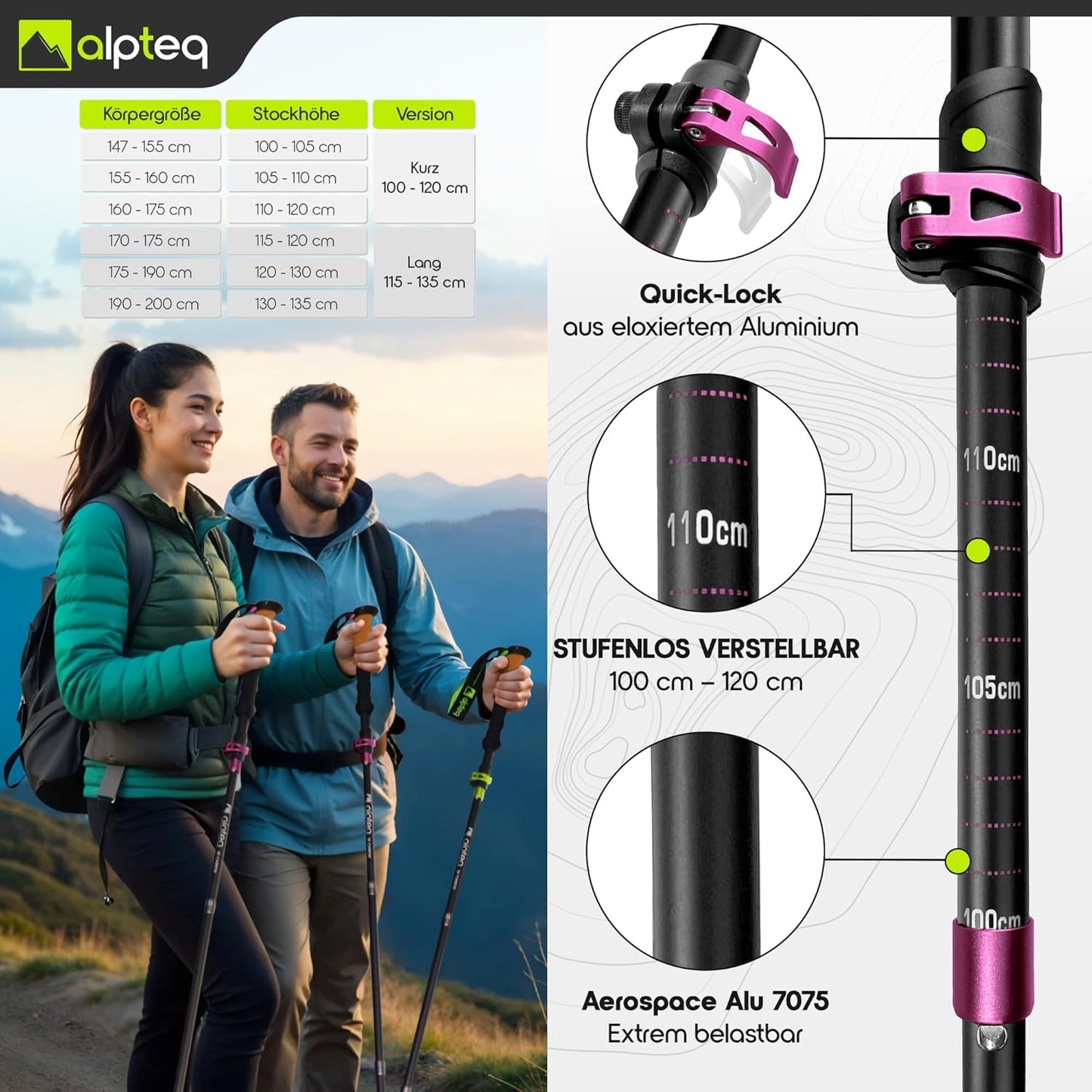 Faltbare Trekkingstöcke, Aluminium 100-120 cm | Hot Pink